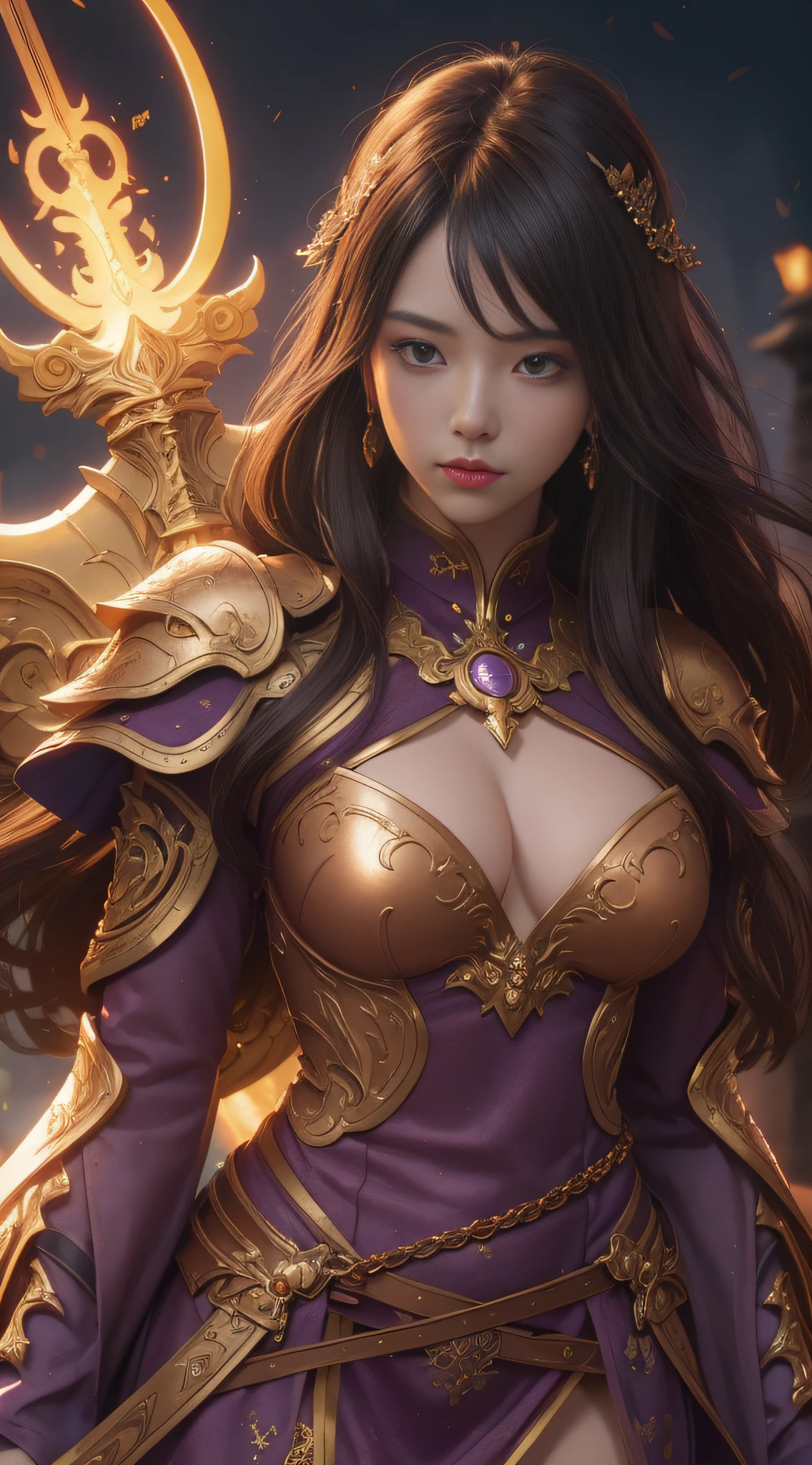 a close up of a woman in a copper and purple dress, holding glowing golden sword in right hand, chengwei pan on artstation, by Yang J, detailed fantasy art, stunning character art, fanart best artstation, epic exquisite character art, beautiful armor, extremely detailed artgerm, detailed digital anime art, artgerm on artstation pixiv, armor girl
