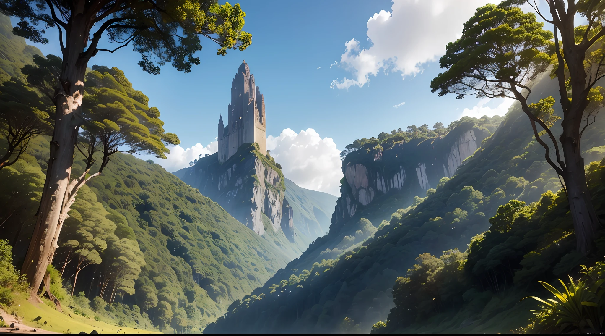 (A magnificent setting surrounded by a dense forest, com um grande muro de madeira e torres de vigia) --auto