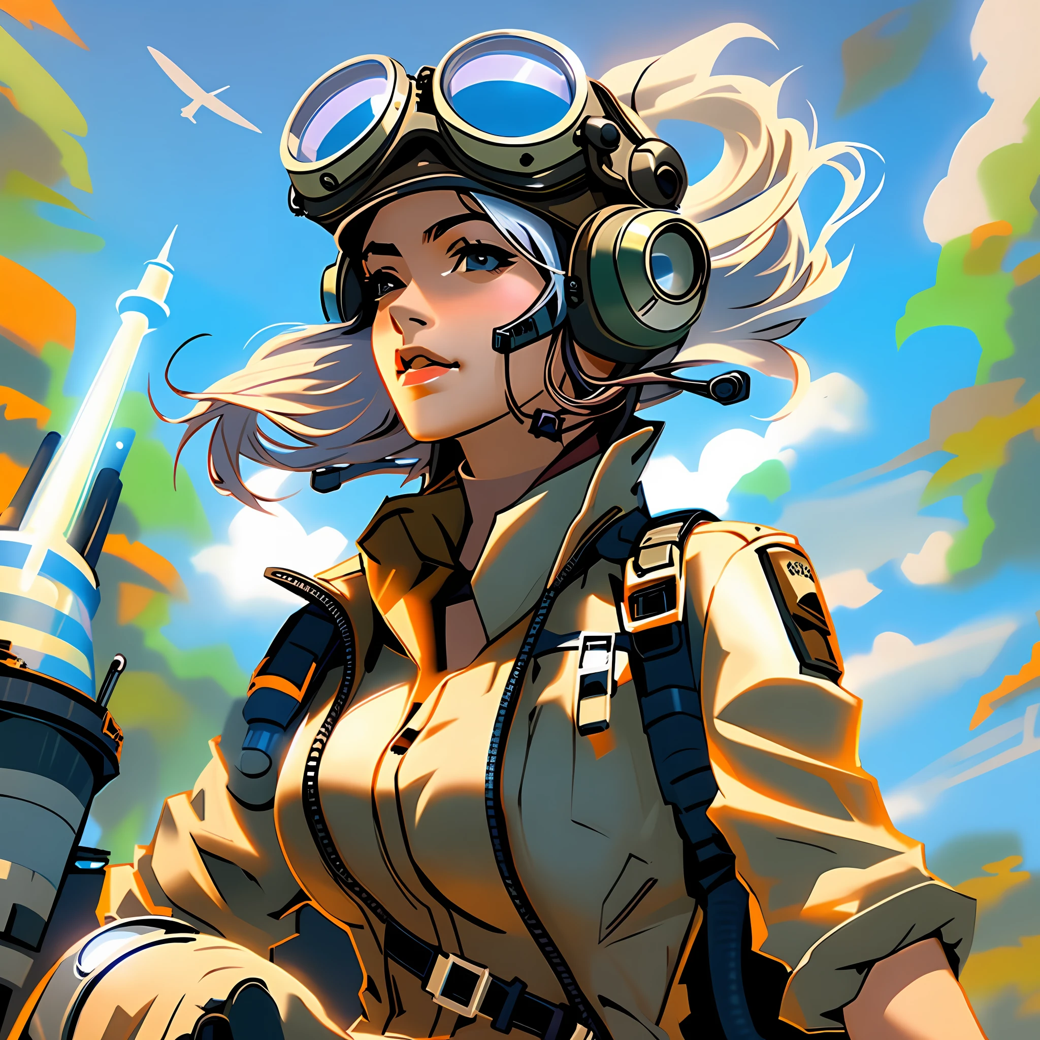Garota dieselpunk com roupas de aviador, welding goggles, capacete couro e fones de ouvido, Wonderful skies on a sunny morning, cena clara, nijistyle