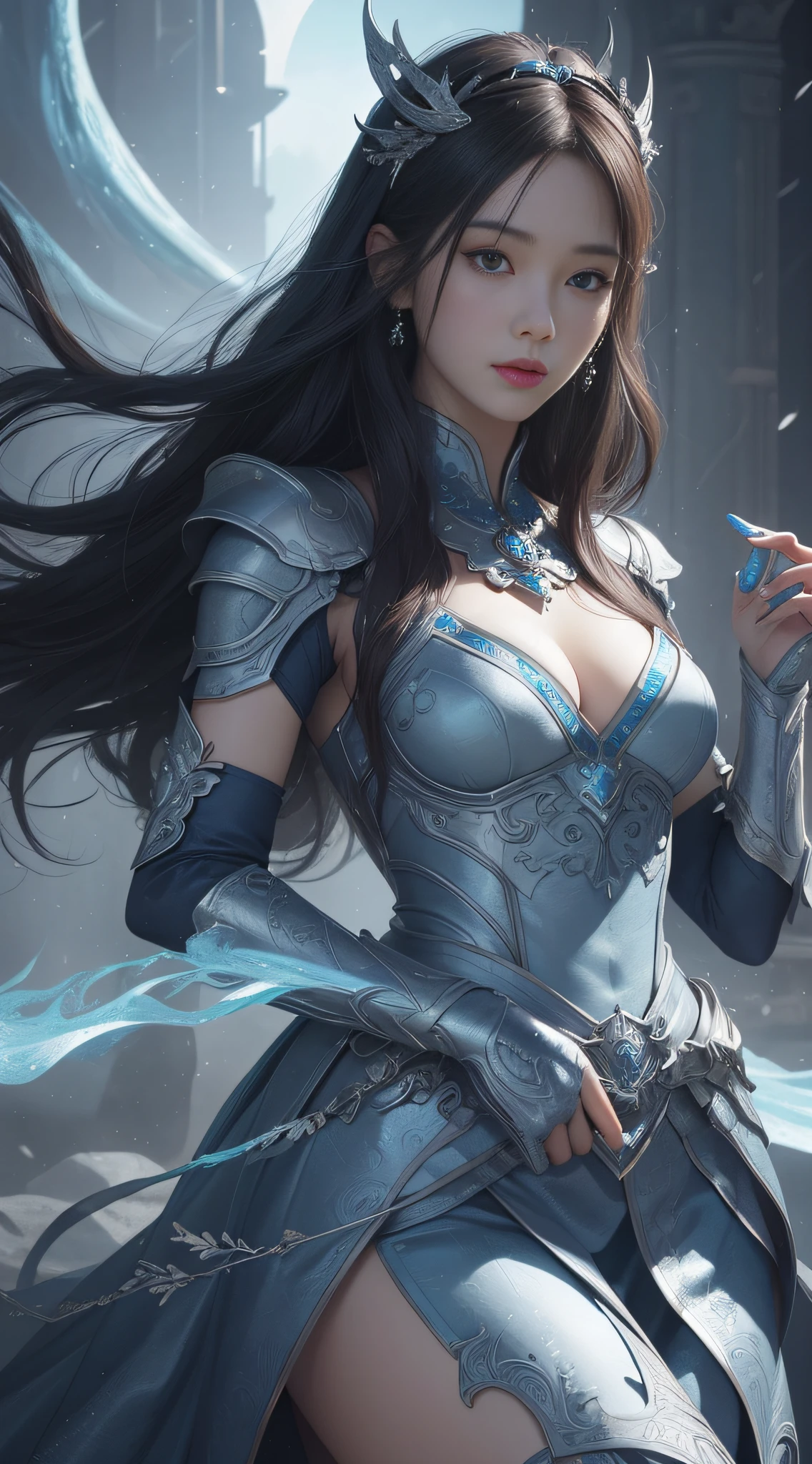a close up of a woman in a silver and blue dress, chengwei pan on artstation, by Yang J, detailed fantasy art, stunning character art, fanart best artstation, epic exquisite character art, beautiful armor, extremely detailed artgerm, detailed digital anime art, artgerm on artstation pixiv, armor girl