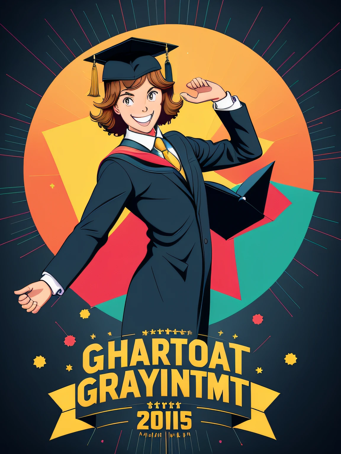 energetic vector art of a graduate dabbing in celebration of their academic achievement. Depict the graduate wearing a graduation cap and gown, mid-dab with one arm extended and the other bent. Use dynamic and bold lines to convey the motion of the dab. Add a wide smile to the graduate's face to showcase their joy and excitement. Surround the graduate with graduation-themed elements, such as diplomas, confetti, and a graduation stage in the background. Use a mix of vibrant colors to make the illustration lively and festive, isolated, black background, in the style of 0mib