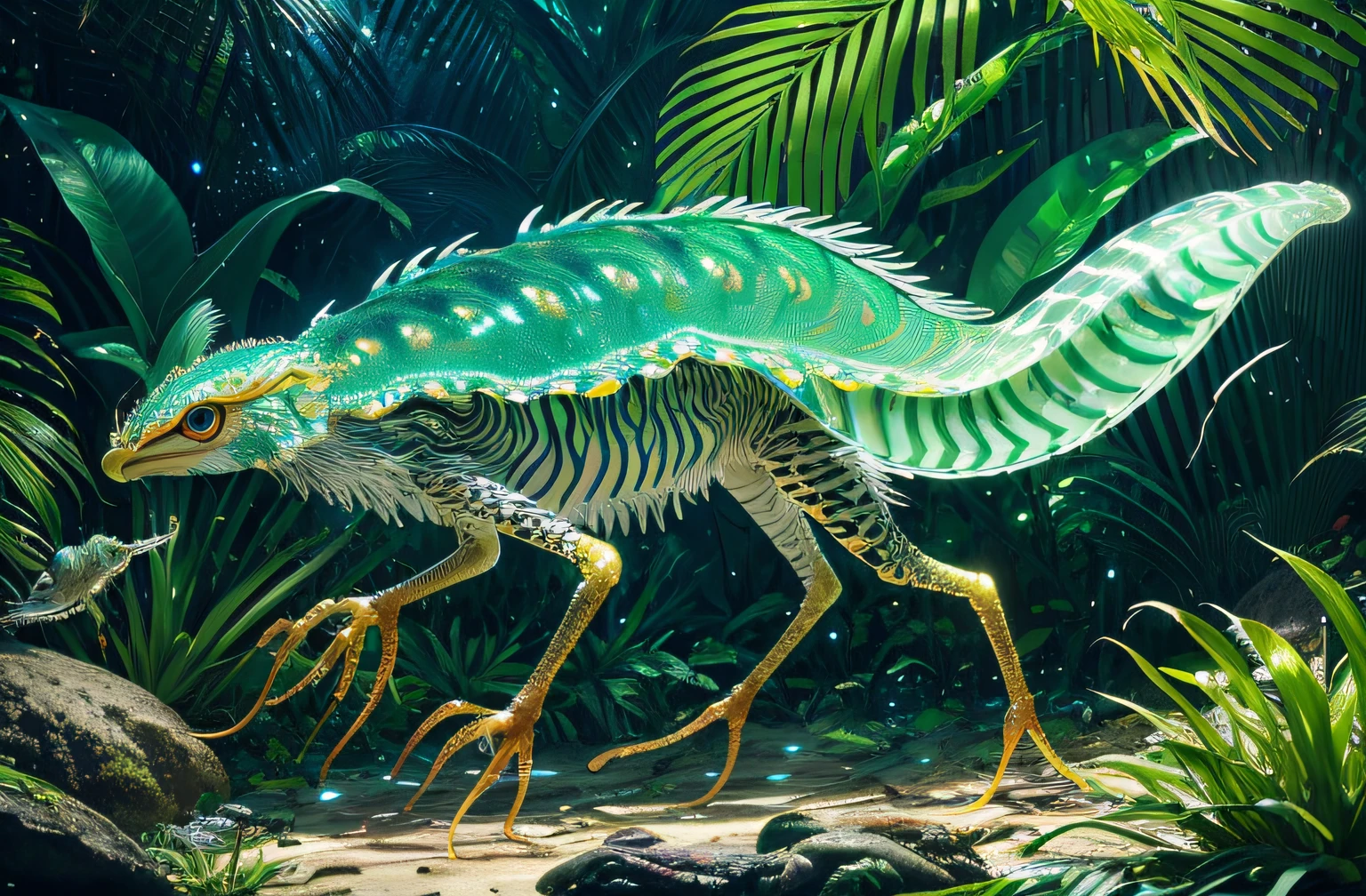 four-legged creature, predator creature with long tail, slim like Cheetah with green feathers and beak. predator creature like gepard with feathers ((four legs)) slender, long body with feathers, green gepard body with feathers, long legs creature with transparent and lighting body, walking on all six legs, (((cuttlefish head))), ((four eyes)),jellyfish transparent body, 4 leghs, in the jungle, jungle, rain forest, high image quality, realistic look, high-resolution photography, 8K, full-frame matrix, deep shadows, ((one character)), (intricate details, subsurface scattering, hyperdetailed:1.15), (hyperrealism, volumetric lighting, sharp:1.5) Fujifilm XT3