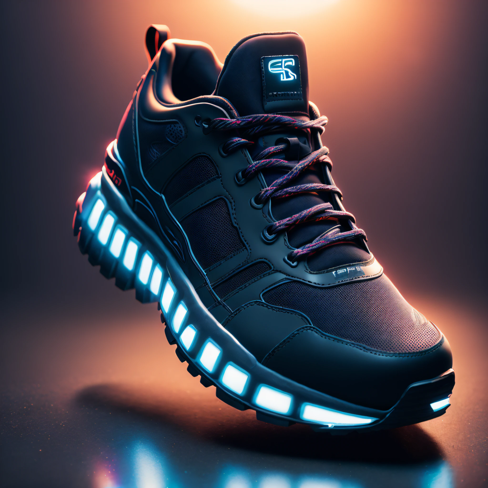 product photography of a cybepunk sneakers, epic render, octane, atmosphere, particles, soft volumetric lights, (backlit:1.3), (cinematic:1.3), intricate details, (ArtStation:1.3)