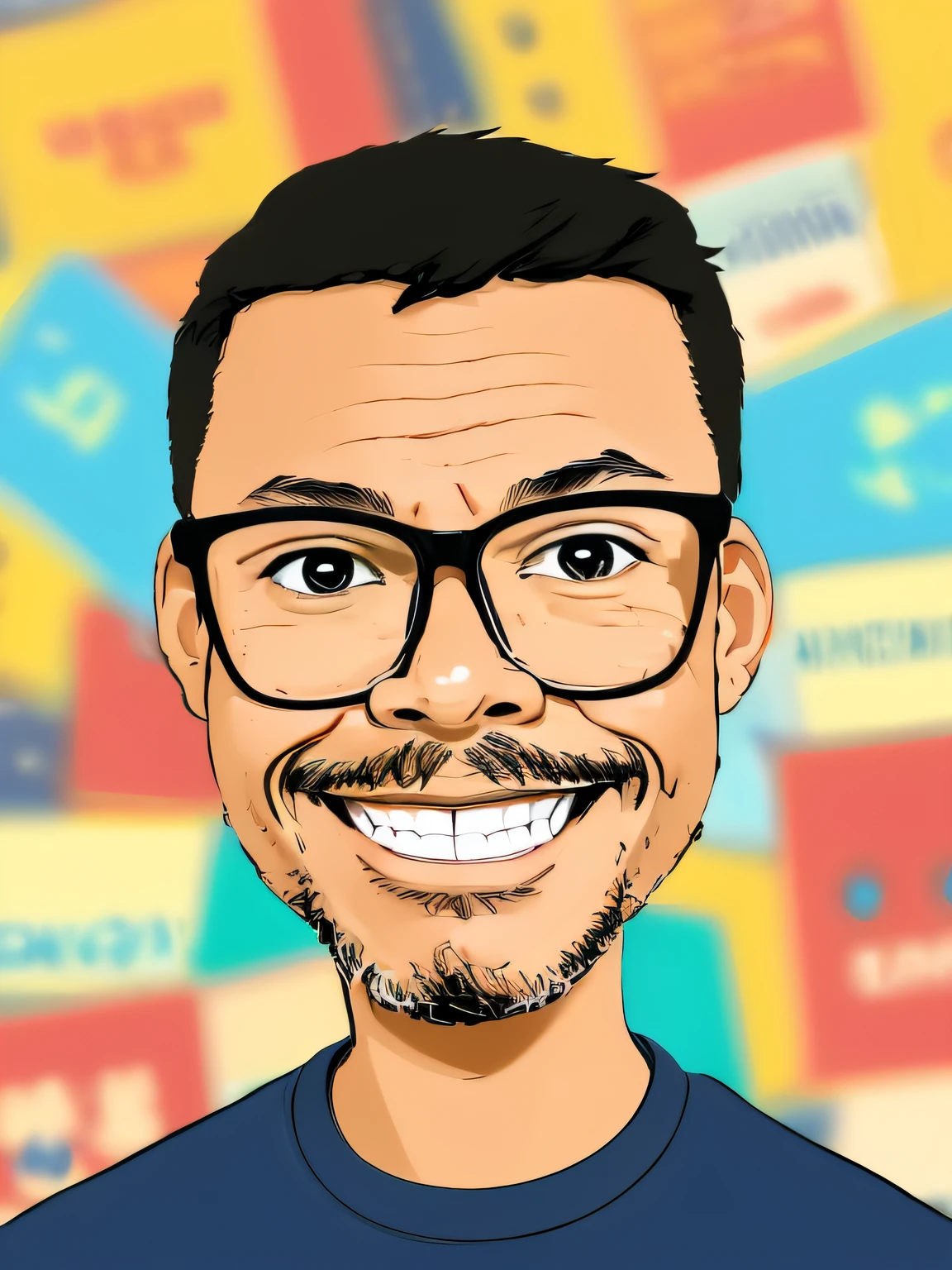 guttonerdjul23, 2d illustration of man, light-skinned, wearing glasses, smiling, black t-shirt, front view, looking directly at viewer, short hair, brown eyes, cartoon style, comic book background, ((blur background))
