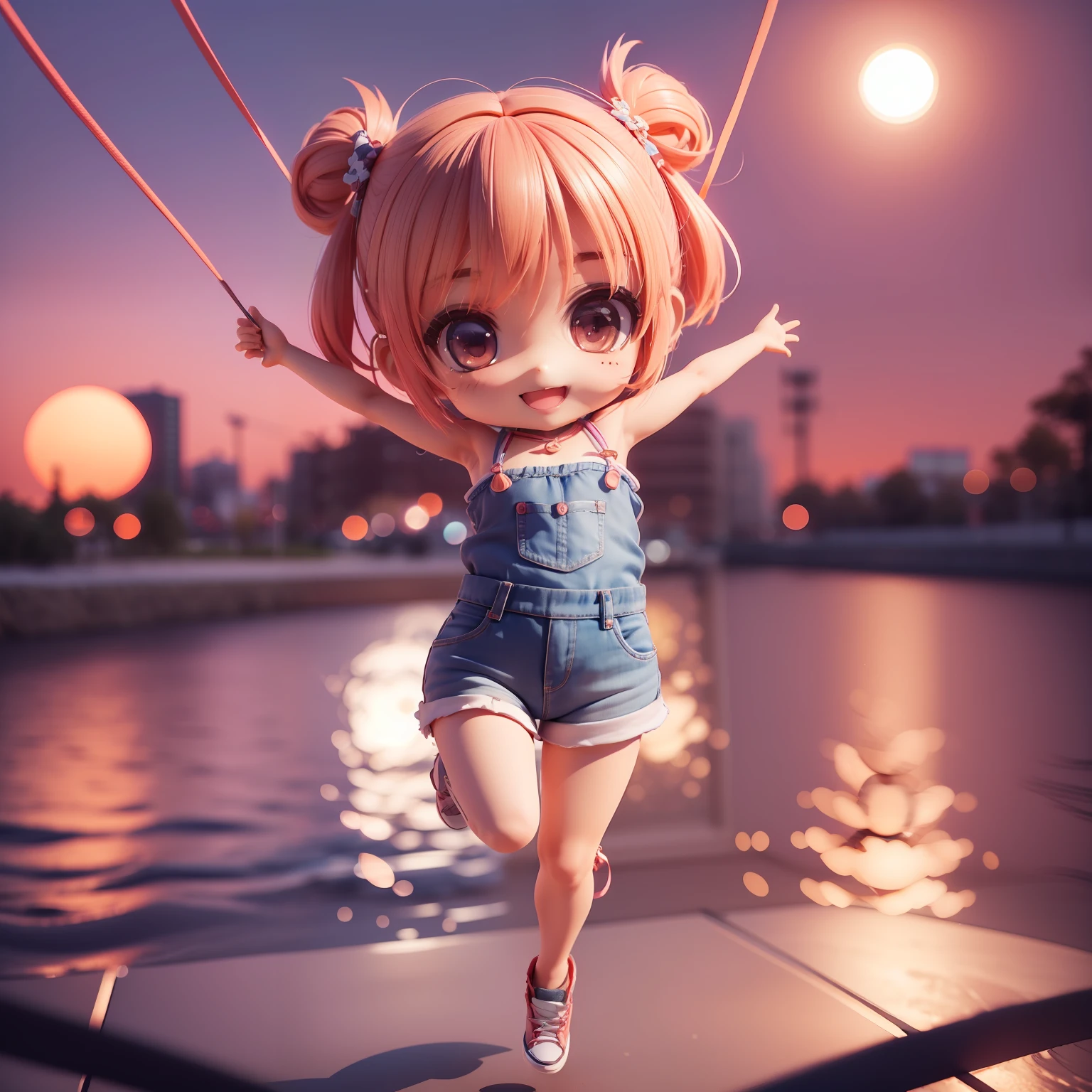 (((chibi 3d))),a very cute and beautiful chibi anime string camisole and denim hot pants style sunset and Red Moon background, full body, jumping, happy smile,highly string camisole detailed face and eyes, clearly outlined, solo,chibi 3d.