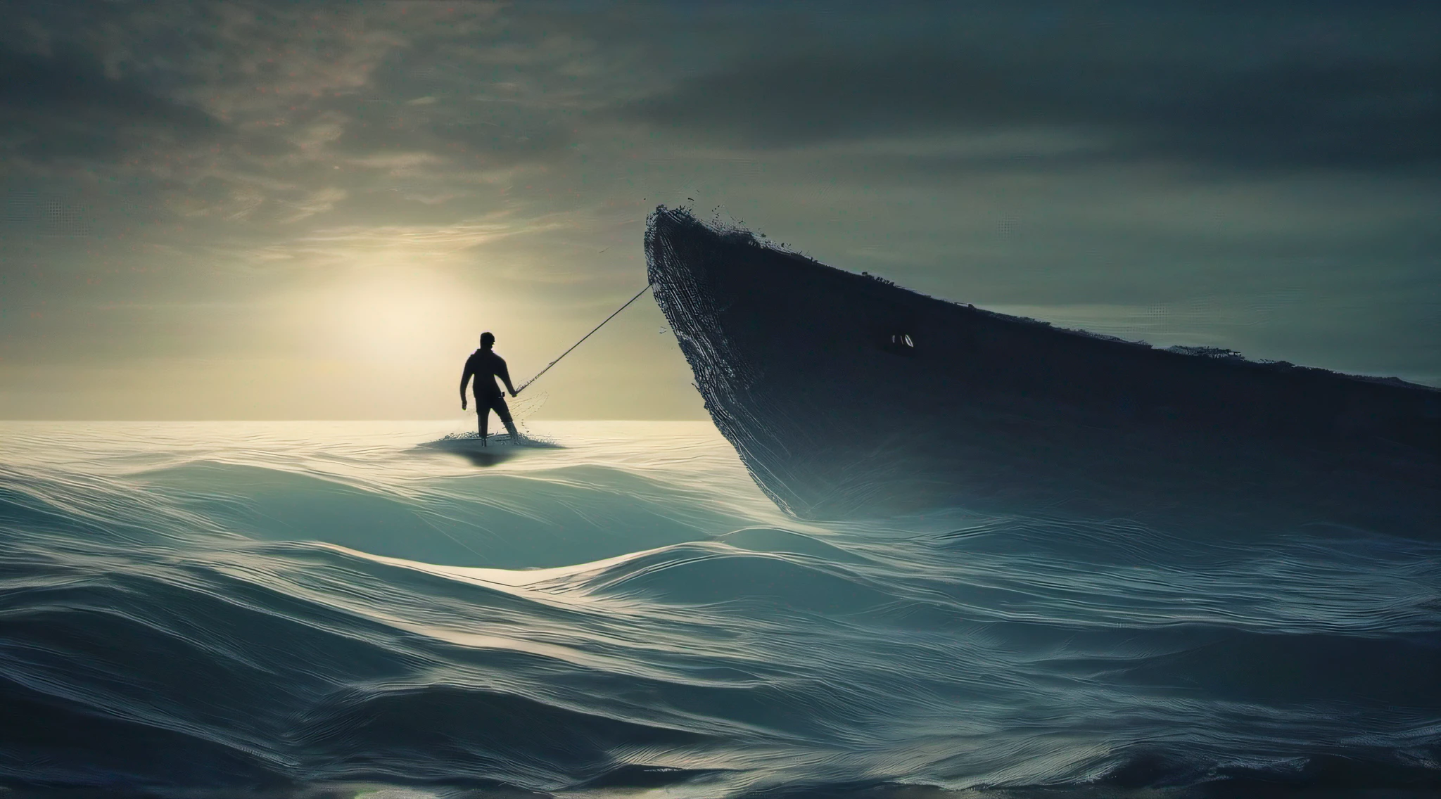 An image capturing the mysterious depths of the ocean, featuring the silhouette of a man sinking.