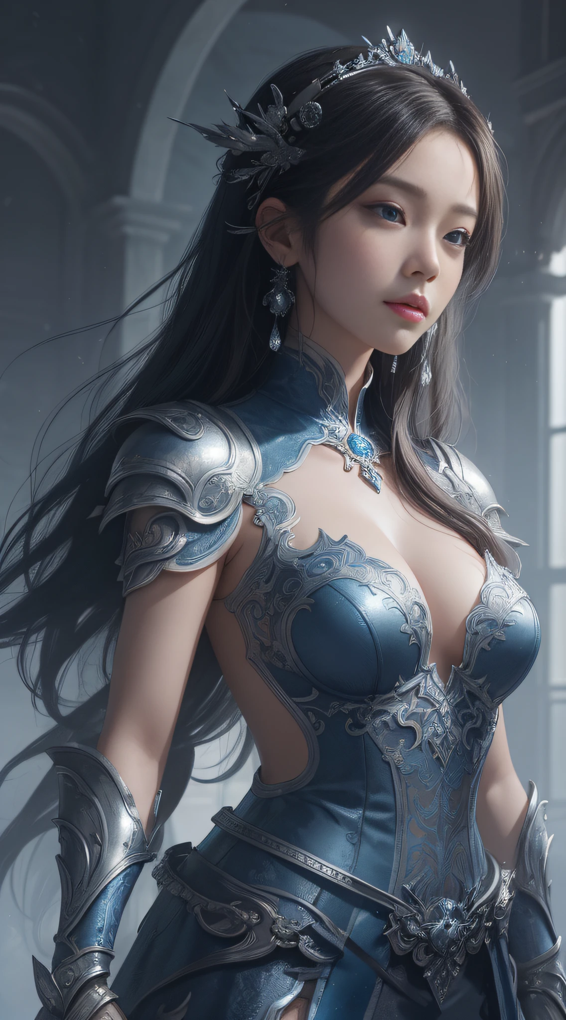 a close up of a woman in a silver and blue dress, chengwei pan on artstation, by Yang J, detailed fantasy art, stunning character art, fanart best artstation, epic exquisite character art, beautiful armor, extremely detailed artgerm, detailed digital anime art, artgerm on artstation pixiv, armor girl