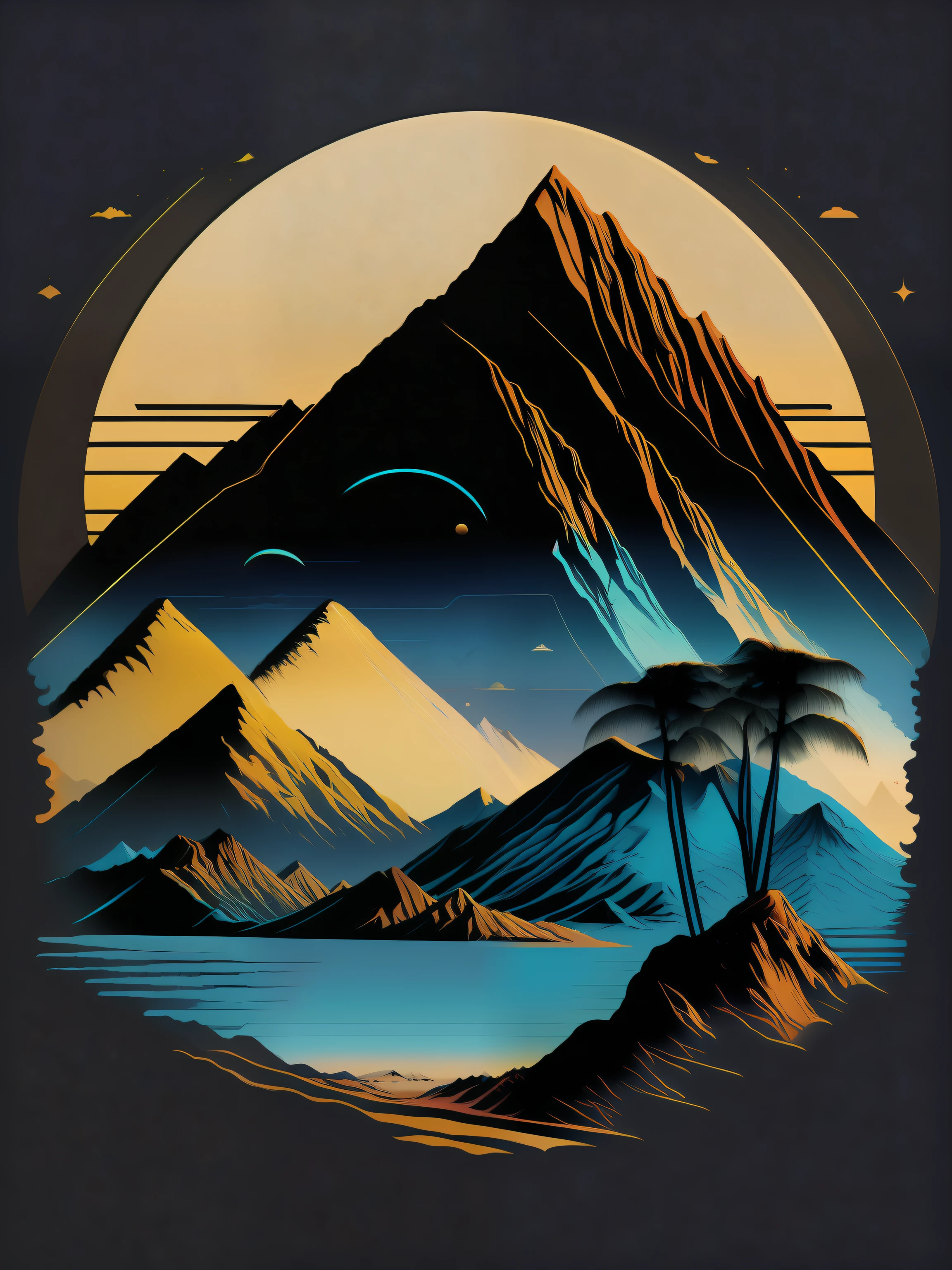 Minimalist Landscapes,Mountains, Deserts, Scenery, Simple,80's vector image, T-shirt design, isolated, black background, brown yellow illustration and blue only