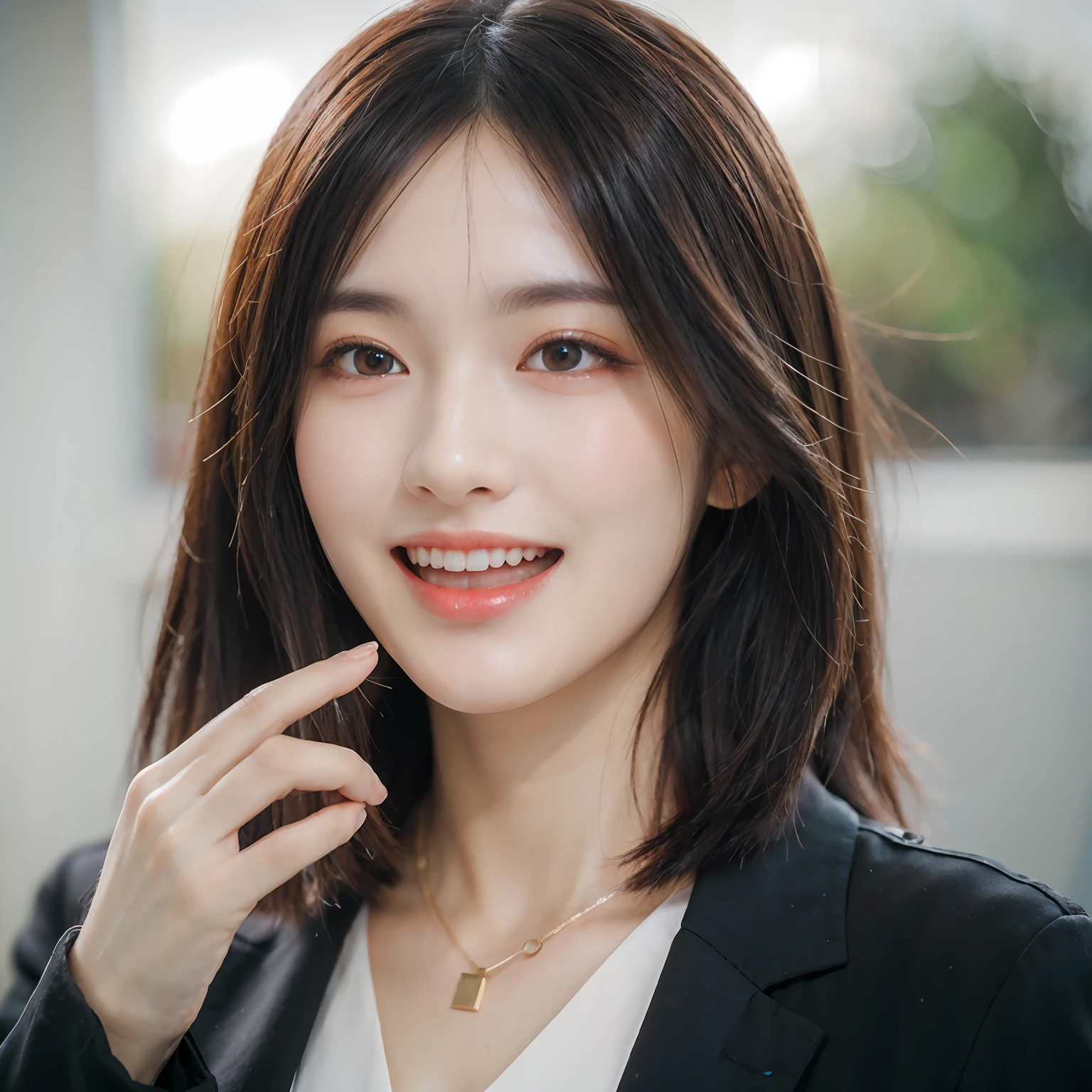 Dressed, (photographrealistic:1.4), (Hyper realistic:1.4), (Realistic:1.3), (Smoother lighting:1.05), (increase cinematic lighting quality:0.9), 32K, 1girl in,25-years old, Realistic lighting, Backlighting, Light on Face, raytrace, (Brightening light:1.2), (Increase quality:1.4), (Top quality real texture skins:1.4), finely detailed eyes, finerly detailed face, (tired and sleepy and joy:0), (Laugh:1.4), Black Suit,a necklace, (Increase body line mood:1.1), (Increase the beauty of skin texture:1.1)