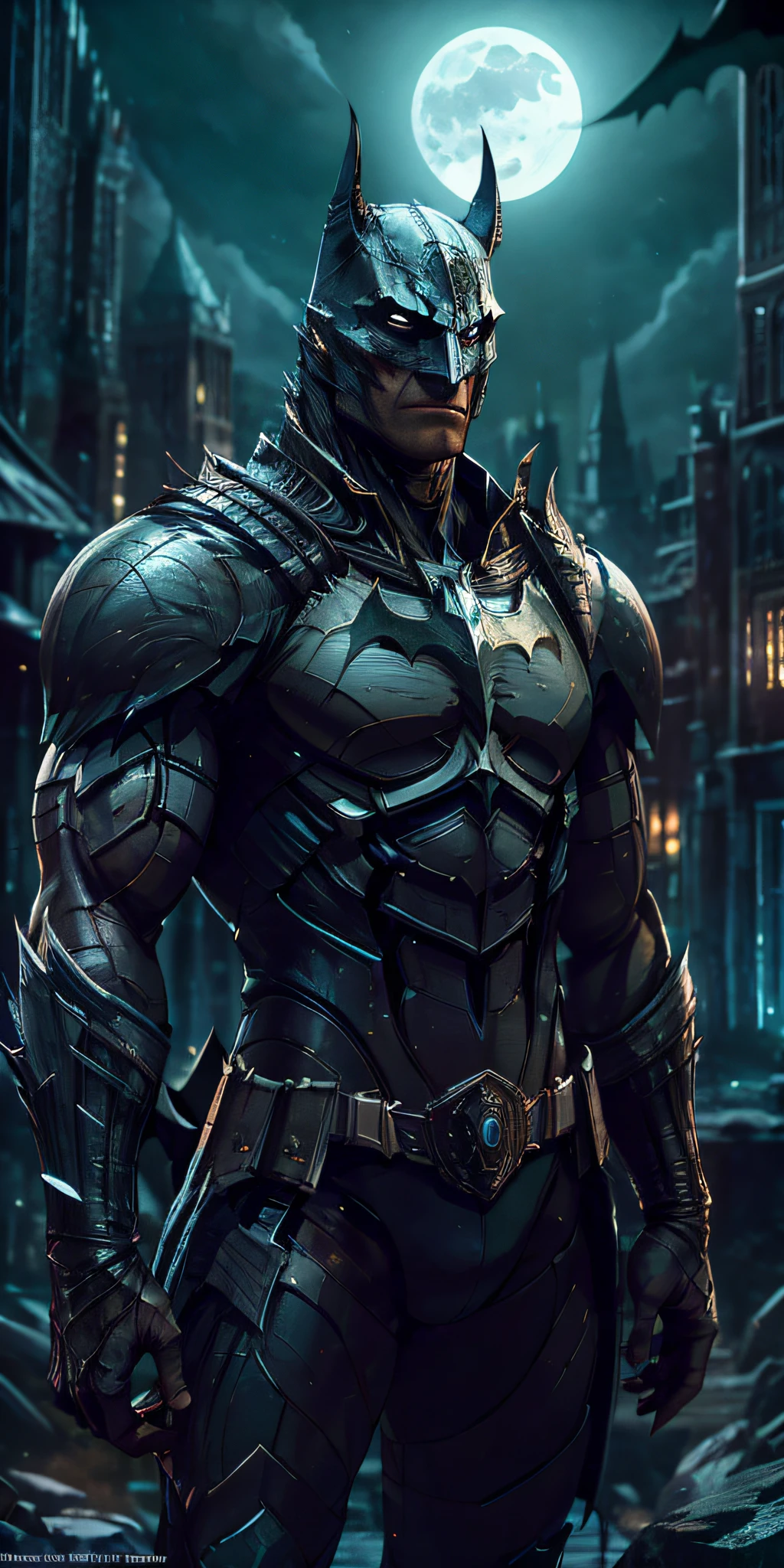 Batman from the dark knight stands imposing in a gothic lost city. Moonlight highlights your muscles and scars. The scenery is lush and mysterious, with futuristic tech and surroundings. The camera details everything, a warrior woman, in front of him.