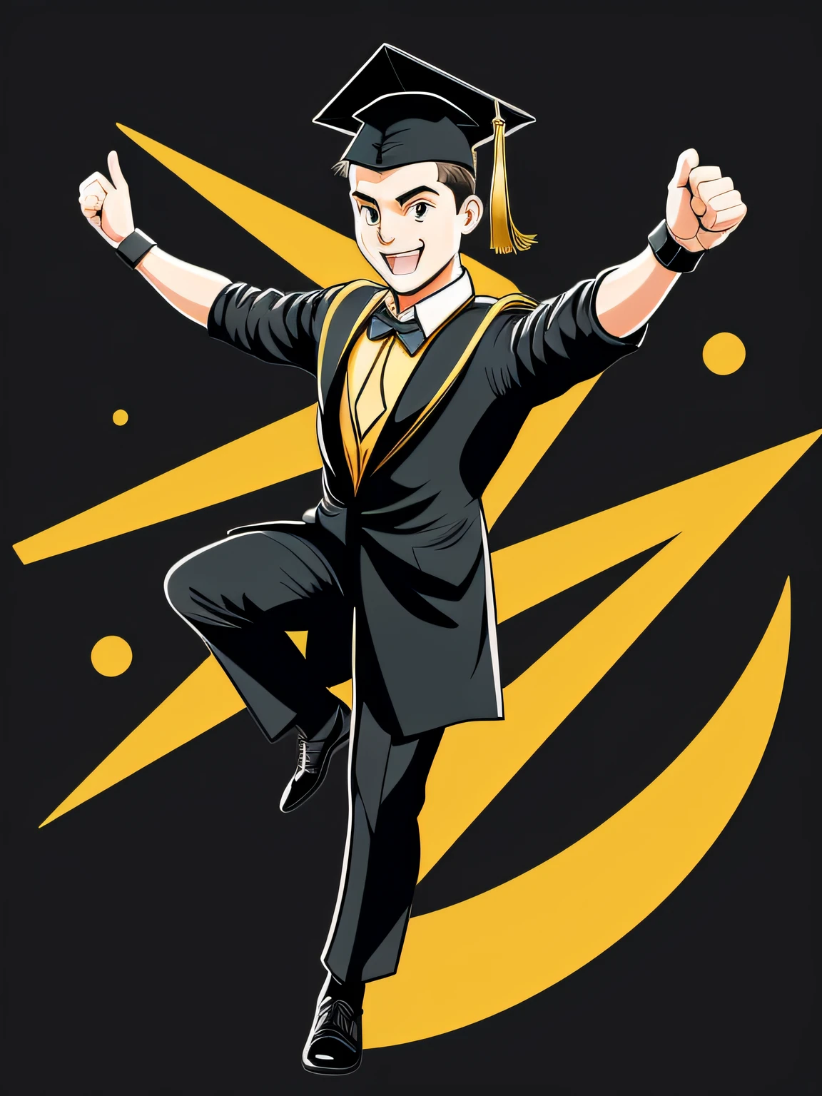 an energetic vector art of a graduate dabbing with enthusiasm and exuberance. Depict the graduate leaning forward into the bent crook of a slanted, upward-angled arm, capturing the dynamic movement of the dab. Show the opposite arm raised out straight in a parallel direction, adding a touch of balance and style to the pose. Use bold and expressive lines to showcase the graduate's energy and excitement. Add a graduation cap and gown to signify the accomplishment and academic journey. Surround the graduate with a backdrop of a graduation stage and cheering audience, emphasizing the celebratory atmosphere. Use vibrant and cheerful colors to make the illustration lively and full of spirit, isolated, black background, in the style of 0mib