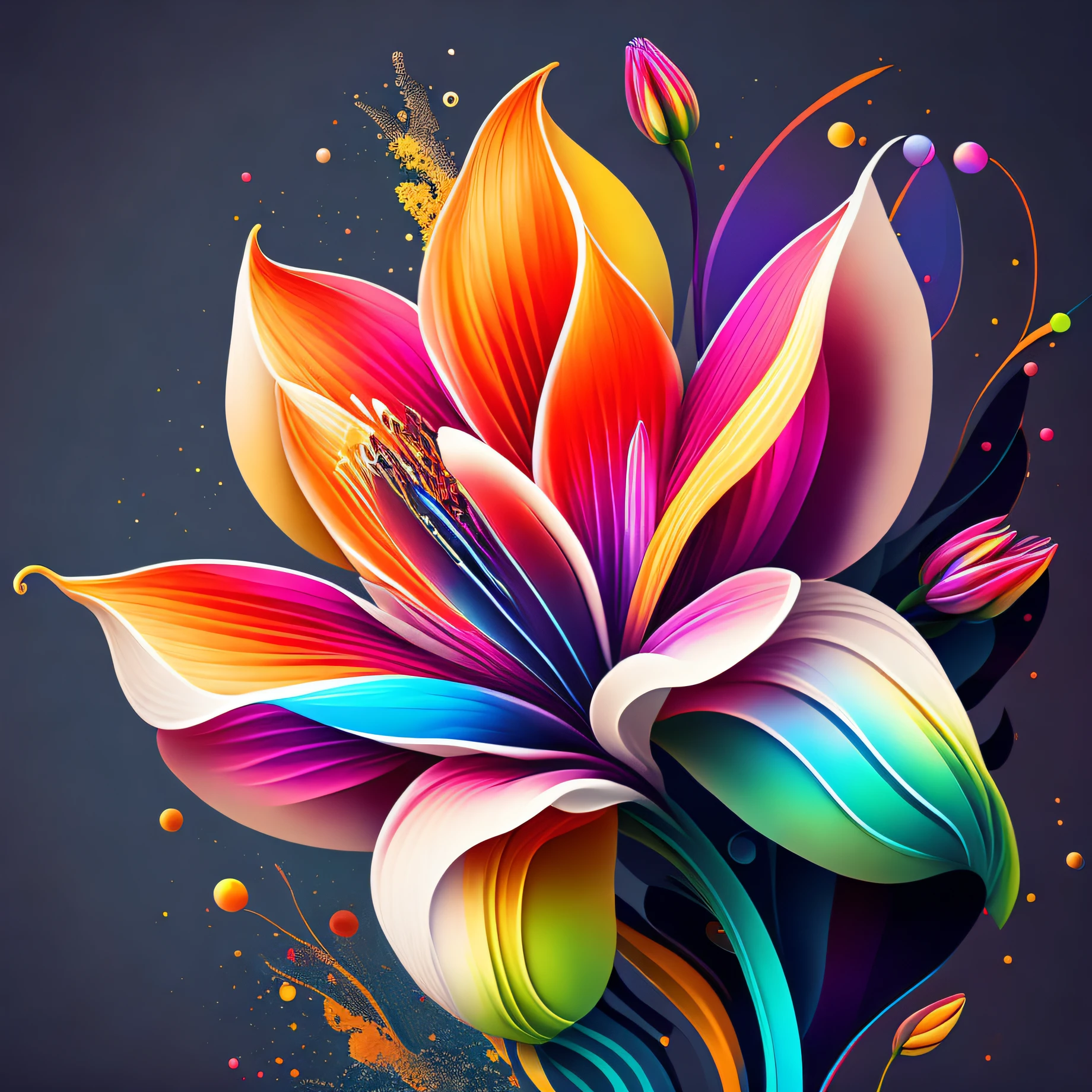 abstract rainbow lily flower, wallpaper, flat design style, splash water, colorful, intricate