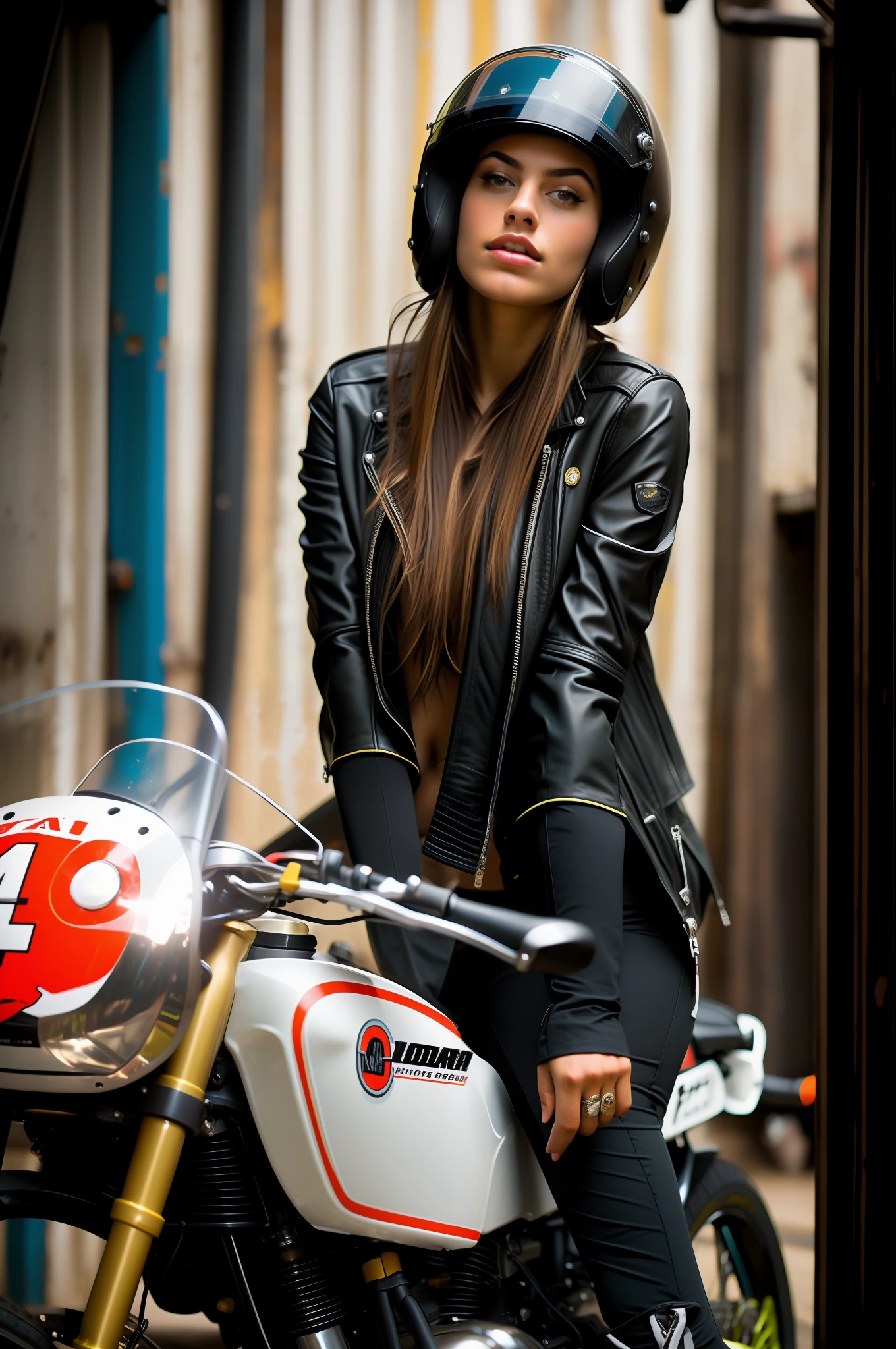 Woman sitting on a motorcycle in a garage with a sign number 9, couro, vestido em couro motociclista, roupas de couro, roupas de couro, motociclista, motociclista, ela usa jaqueta de couro, vestindo couro, imagem de uma motociclista feminina, couro preto, Inspirador, cafe racer, athletic fashion photography, inspiration, Photo Session, sentado em uma motocicleta, 🚿🗝📝, olhar