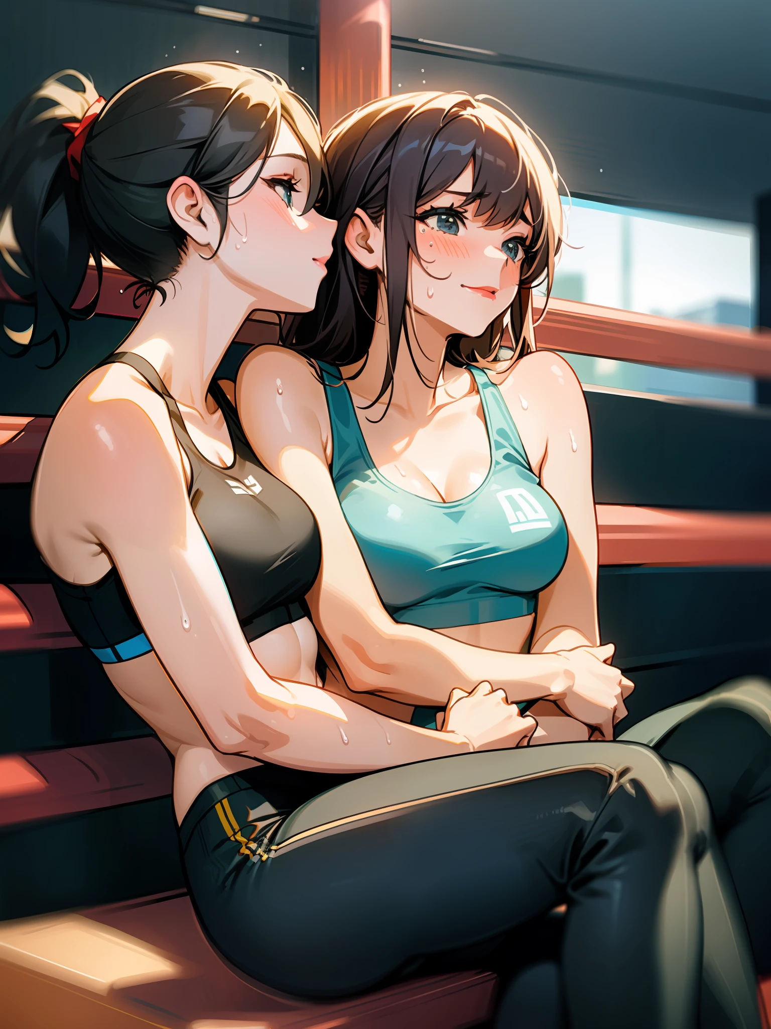 Two women sitting hugging each other on a bench. The background is a corner of a boxing gym. Sports Bra, leggins, Resting, Sweat, Friendly atmosphere.Contact