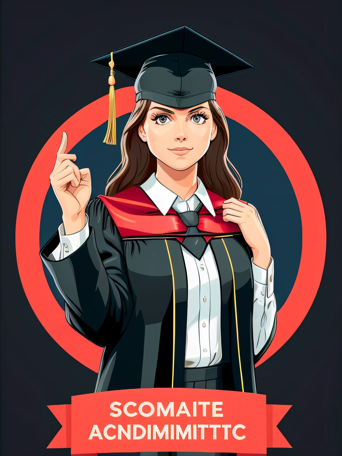 a vector art of a graduate dabbing with confidence and poise. Depict the graduate leaning forward gracefully into the bent crook of a slanted, upward-angled arm, displaying a sense of self-assurance. Show the opposite arm raised out straight in a parallel direction, adding a touch of elegance and balance to the pose. Use smooth and refined lines to convey the graduate's sophistication and accomplishment. Add subtle details, such as a diploma and a graduation stole, to signify the academic achievement. Surround the graduate with a backdrop of a graduation ceremony, complete with graduates in their caps and gowns, faculty members, and a university logo. Use a mix of refined and muted colors to create a sophisticated and memorable illustration, isolated, black background, in the style of 0mib