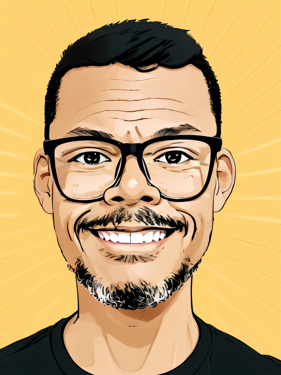 guttonerdjul23, 2d illustration of man, light-skinned, wearing glasses, smiling, black t-shirt, front view, looking directly at viewer, short hair, brown eyes, cartoon style, comic book background, blur background