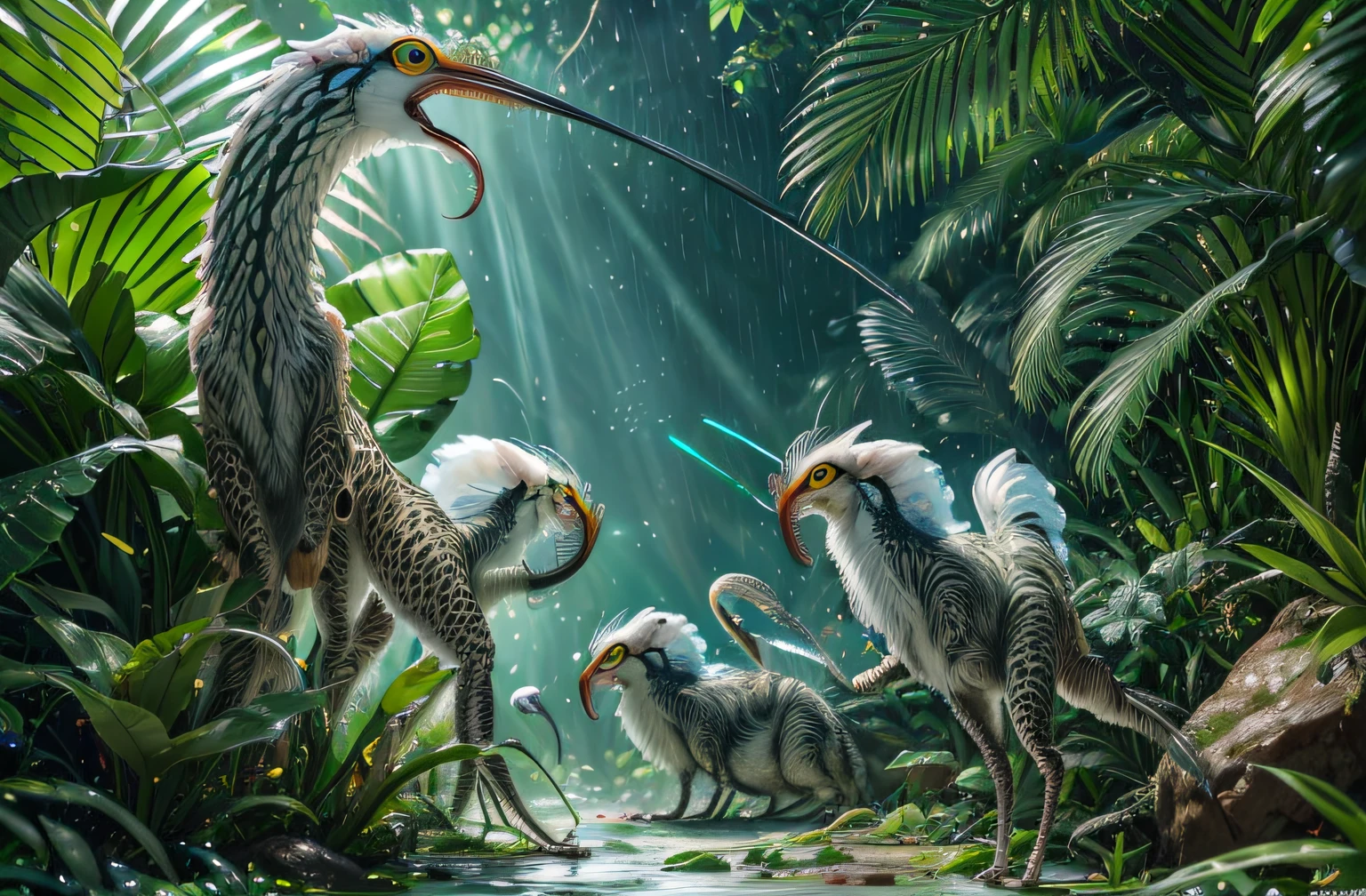 four-legged baboon creature, predator creature with (long monkey tail), slim like Cheetah with green feathers and beak. predator creature like gepard with feathers ((four legs)) slender, long body with feathers, green gepard body with feathers, long legs creature with transparent and lighting body, walking on all six legs, (((cuttlefish head))), ((four eyes)),jellyfish transparent body, 4 leghs, in the jungle, jungle, rain forest, high image quality, realistic look, high-resolution photography, 8K, full-frame matrix, deep shadows, ((one character)), (intricate details, subsurface scattering, hyperdetailed:1.15), (hyperrealism, volumetric lighting, sharp:1.5) Fujifilm XT3