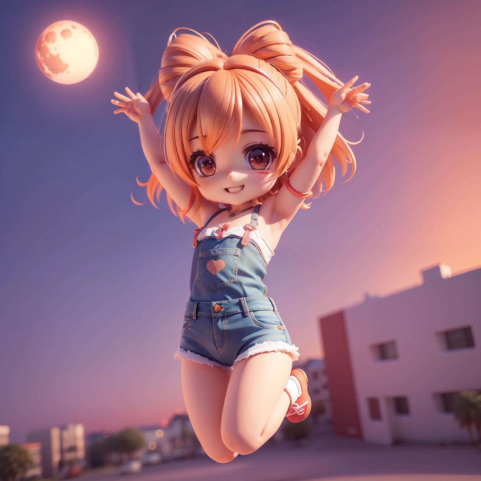 (((Chibi 3D))),Very cute and beautiful chibi anime string camisole and denim hot pants style sunset and big red moon background, Full body, Jumping, Happy smile,Very string camisole detailed face and eyes, Clearly outlined, Solo,Chibi 3D.