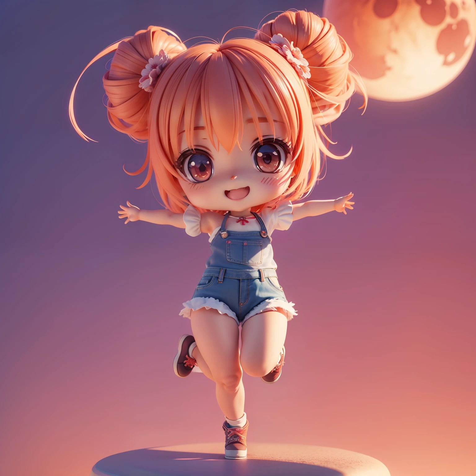 (((Chibi 3D))),Very cute and beautiful chibi anime string camisole and denim hot pants style sunset and big red moon background, Full body, Jumping, Happy smile,Very string camisole detailed face and eyes, Clearly outlined, Solo,Chibi 3D.