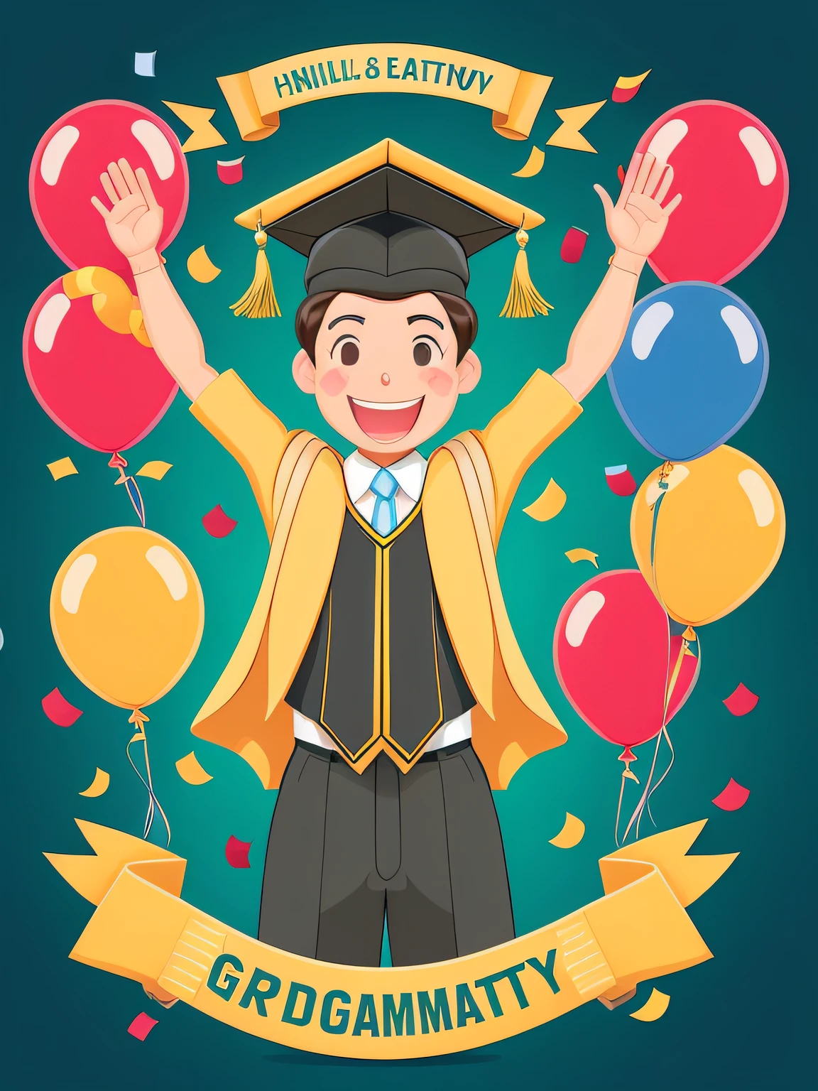 a playful and joyful vector art of a graduate dabbing with a sense of happiness and celebration. Depict the graduate leaning forward with delight into the bent crook of a slanted, upward-angled arm, expressing pure joy. Show the opposite arm raised out straight in a parallel direction, adding a sense of excitement and jubilation to the pose. Use cheerful and lively lines to showcase the graduate's elation and enthusiasm. Add a graduation cap adorned with a tassel to mark the special occasion. Surround the graduate with a backdrop of a festive graduation party, with balloons, streamers, and congratulatory banners. Use a vibrant and colorful palette to make the illustration exuberant and full of merriment, isolated, black background, in the style of 0mib