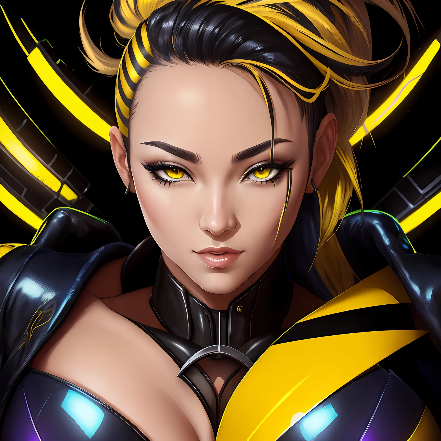 Akali, sexy, close-up, yellow, black, shine background,