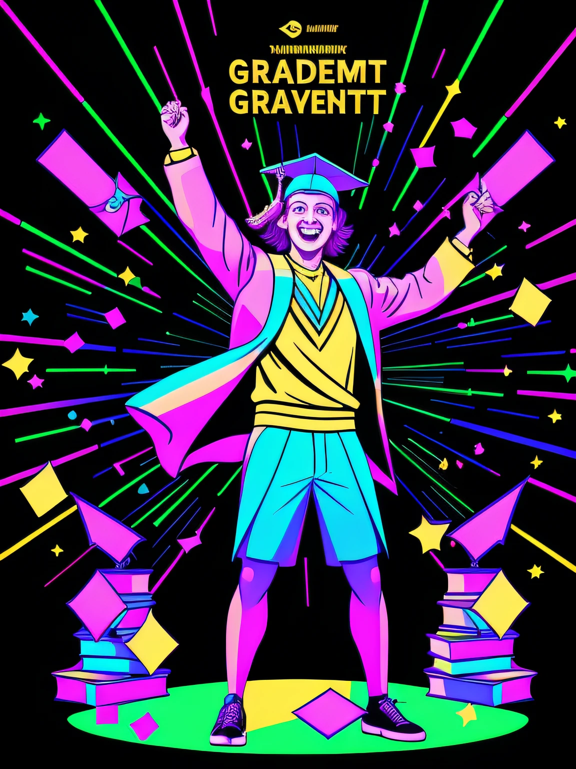 Blacklight paint vector art of a graduate dabbing in celebration of their academic achievement. Depict the graduate wearing a graduation cap and gown, mid-dab with one arm extended and the other bent. Use dynamic and bold lines to convey the motion of the dab. Add a wide smile to the graduate's face to showcase their joy and excitement. Surround the graduate with graduation-themed elements, such as diplomas, confetti, and a graduation stage in the background. Use a mix of vibrant colors to make the illustration lively and festive, isolated, black background, in the style of 0mib