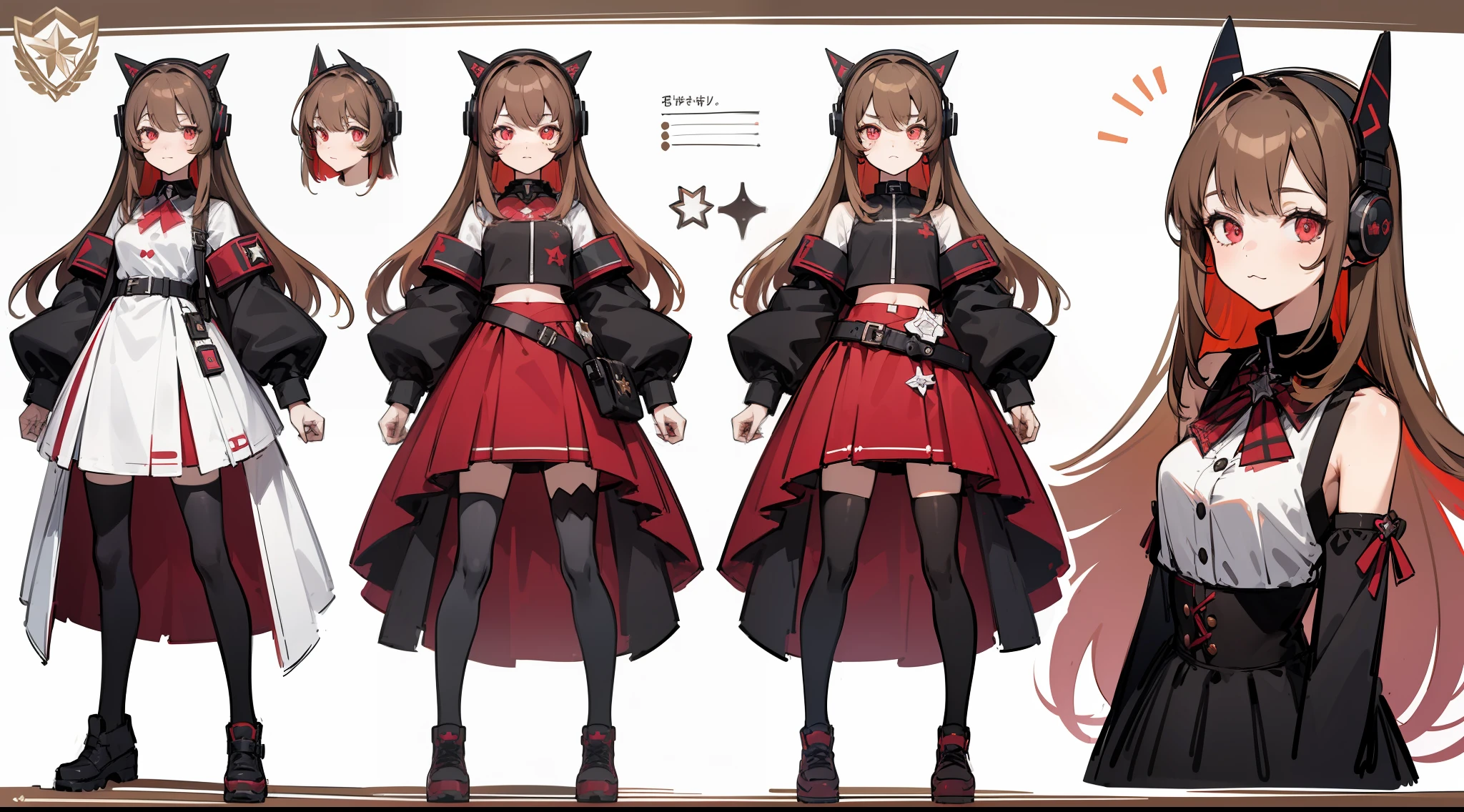 ((Masterpiece, highest quality)), detailed face, character sheet, Full body, full of details, multiple poses and expressions, highly detailed, depth, many parts, 1girl, girl in a skirt and headphones, :3, , long hair, bangs,multicolored hair, two-tone hair, gradient hair, brown hair, pink ombre, [[[[[[[[[pink hair]]]]]]]]], black crop top, red skirt, gloves, stockings, black choker, red eyes, star (symbol), symbol-shaped pupils,