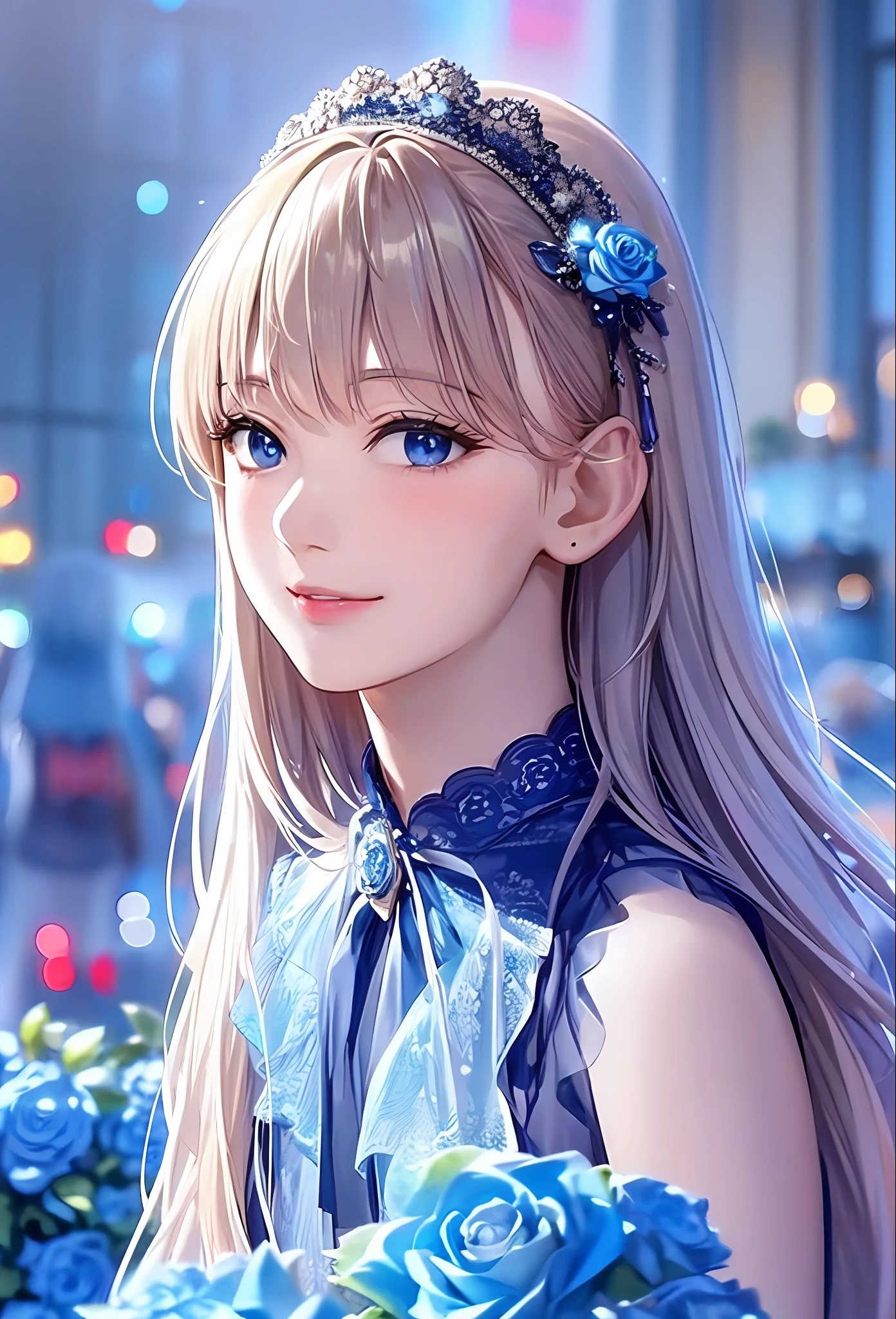 (8k, top quality, masterpiece: 1.2), (realistic, photorealistic: 1.37), super detailed, girl alone, cute, solo, midnight, beautiful detailed sky, detailed café, sitting, dating, (blush), (smile: 1.15), small breasts (mouth closed), beautiful fine eyes, floating hair NovaFrogStyle, back open dress, blue rose accessories, Blue rose background