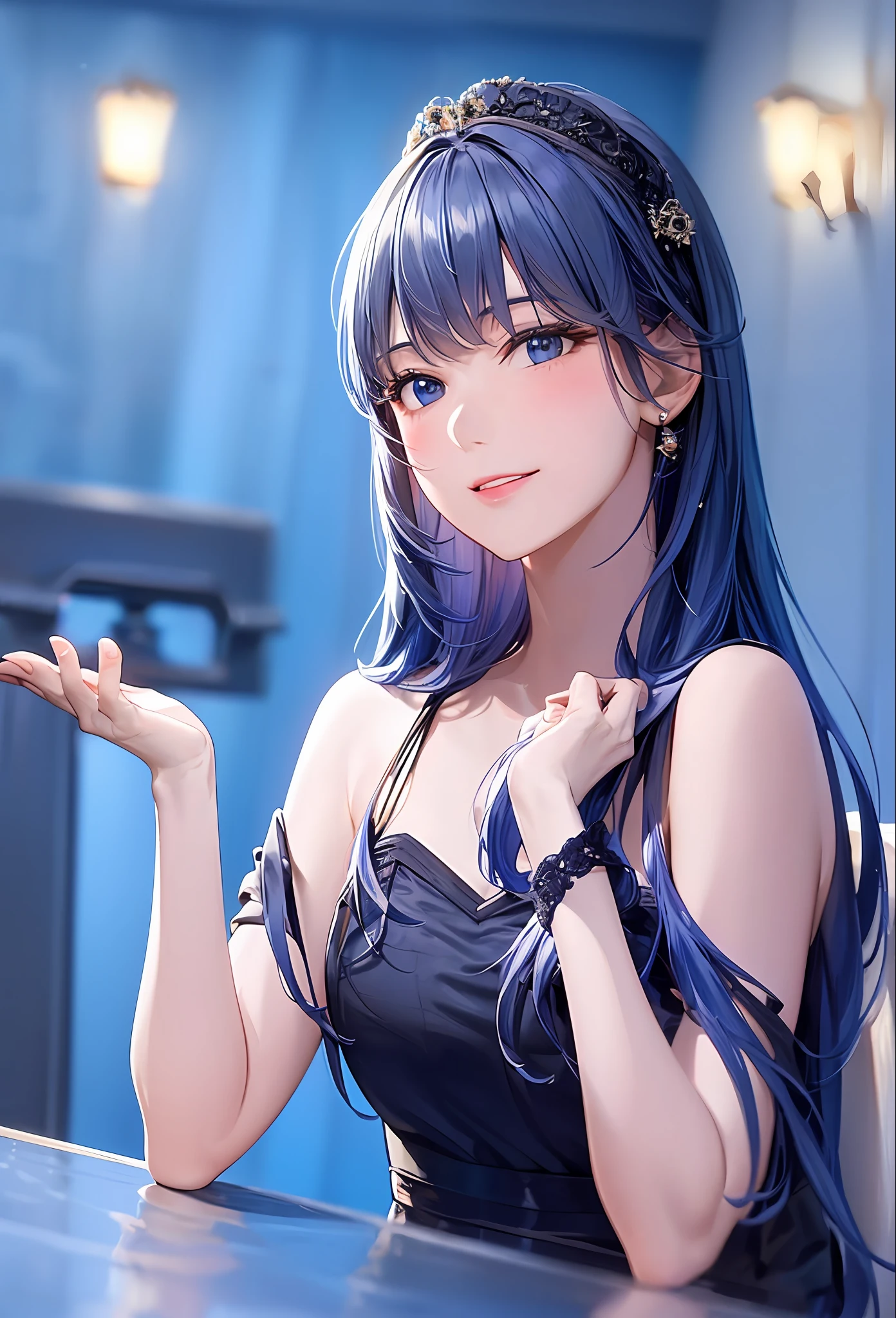 (8k, top quality, masterpiece: 1.2), (realistic, photorealistic: 1.37), super detailed, girl alone, cute, solo, midnight, beautiful detailed sky, detailed café, sitting, dating, (blush), (smile: 1.15), small breasts (mouth closed), beautiful fine eyes, floating hair NovaFrogStyle, back open dress, blue rose accessories, Blue rose background
