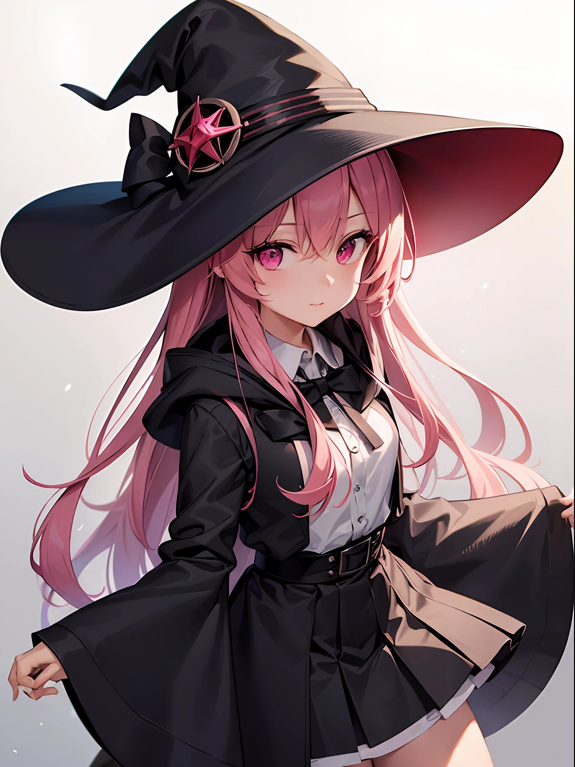 sharp focus, best quality, depth of field, cinematic lighting, detailed outfit, 4k, perfect eyes, rich in details and textures, cute, cute loli face, pink hair, long hair, small breasts, dark red eyes, hair between eyes, sidelocks, witch hat, black hat, black robe, hooded robe, hood down, white shirt, black skirt, collared shirt, long sleeves, pleated skirt, white stocking, outdoor, shirt, robe