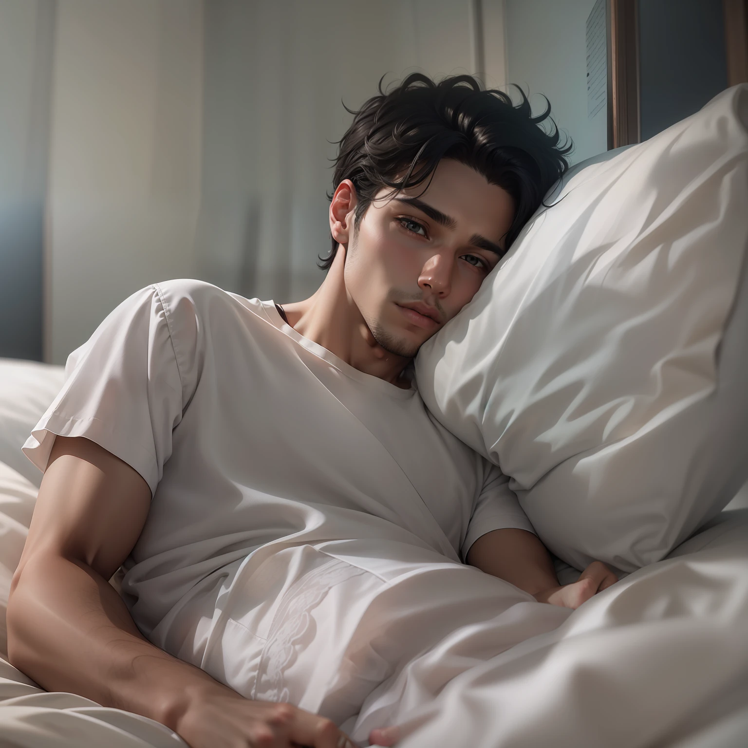 Ultra realistic image of a 25 year old man, short black hair, dressed in a plain white blouse, lying in bed looking at the bedside table