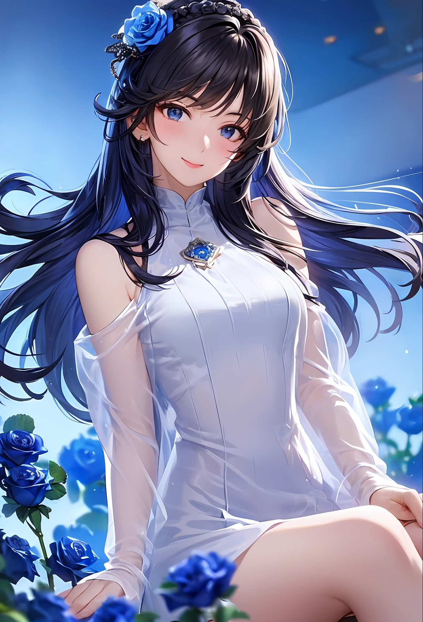 (8k, top quality, masterpiece: 1.2), (realistic, photorealistic: 1.37), super detailed, girl alone, cute, solo, midnight, beautiful detailed sky, detailed café, sitting, dating, (blush), (smile: 1.15), small breasts (mouth closed), beautiful fine eyes, floating hair NovaFrogStyle, back open dress, blue rose accessories, Blue rose background