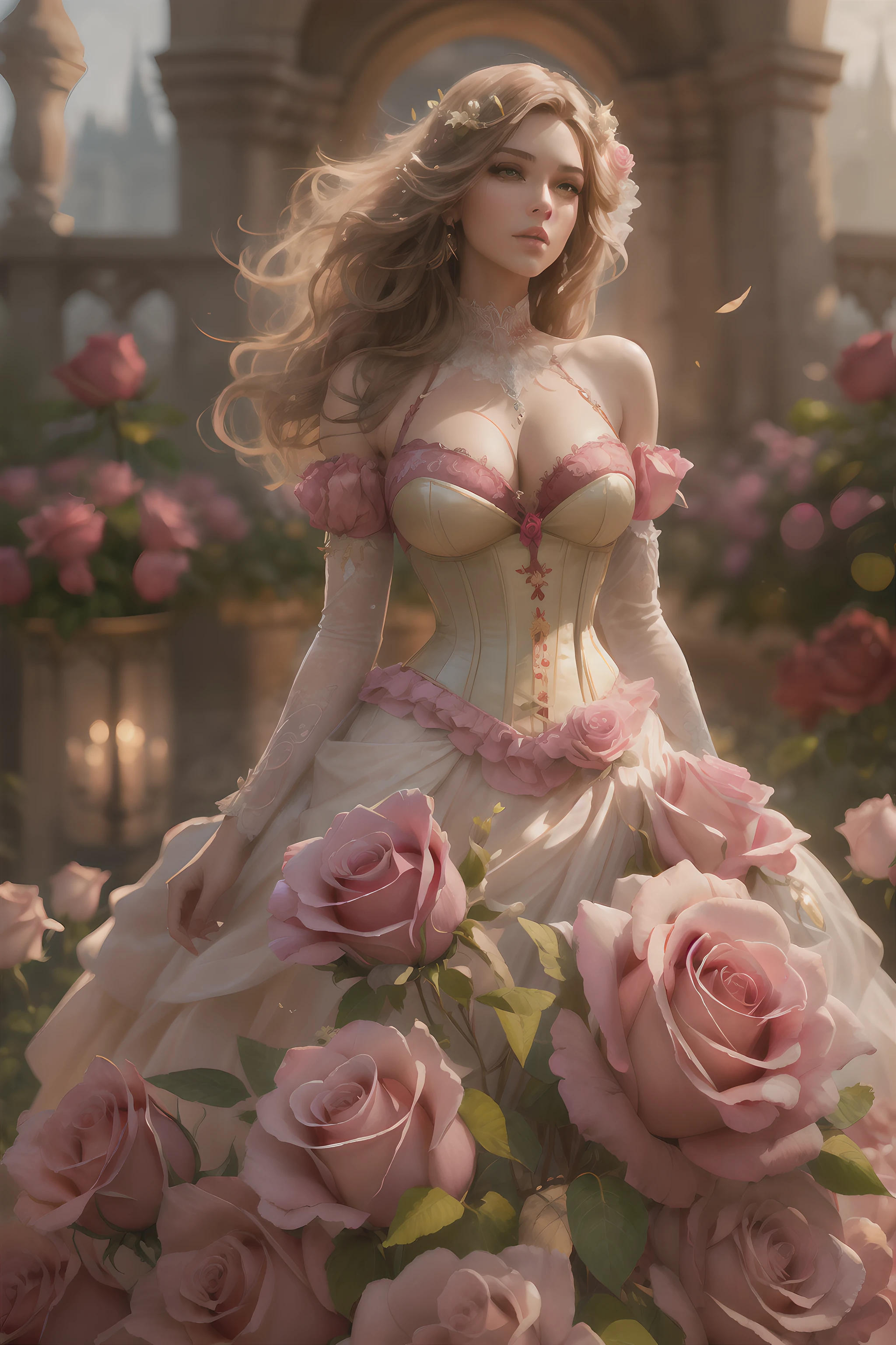 This is realistic fantasy artwork set in the castle's enchanted rose garden. Generate a proud woman with a highly detailed face dressed in the billowing folds of a stunning French silk ballgown. The woman's sweet face is ((((highly detailed, with realistic features and soft, puffy lips.)))) The ballgown is embellished with ruffles, sashes, and bows and a delicately, but intricately, hand-embroidered bodice. The corset features silk ribbon. The woman's stunning eyes are beautifully detailed, featuring realistic shading and multiple colors and high resolution. The woman is in a garden of eternal roses, each one beautifully formed and highly detailed. These realistic roses feature shimmering shades of pink, yellow, orange, and glimmering red. The eternal rose is a deep shade of red with shimmering pink overtones and undertones. Ensure that the woman's face, hair, and eyes are perfect. realism, high fantasy, whimsical fantasy, storybook fantasy, fairytale fantasy, fantasy details, enchanting, bewitching, 8k, hires, cgi, digital painting, unity, unreal engine, (((masterpiece))), intricate, elegant, highly detailed, majestic, digital photography, art by artgerm and ruan jia and greg rutkowski, (masterpiece, finely detailed beautiful eyes: 1.2), hdr, realistic skin texture, (((1woman))), (((solo))), Include a highly detailed face, extremely detailed face, and interesting background.