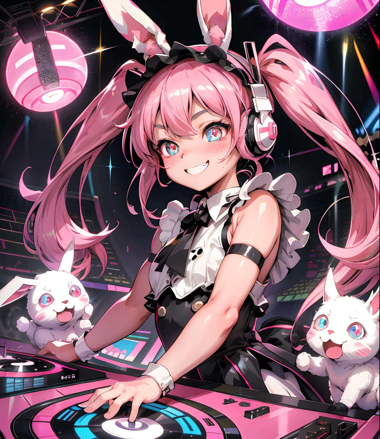 masutepiece、Ultra-high-definition digital art、(D4DJ)、girl with、brawn hair、twin-tail hair、Cute 、((Happy face))、Lolita Fashion、headphones、(DJ Booth)、Crystal clear skin、kawaii eyes、Rabbit ears headband、disco、mirror ball、turntable、Floor Audience、Glitter、perfect hand、intricate detailes、sharpnes、Live Performances