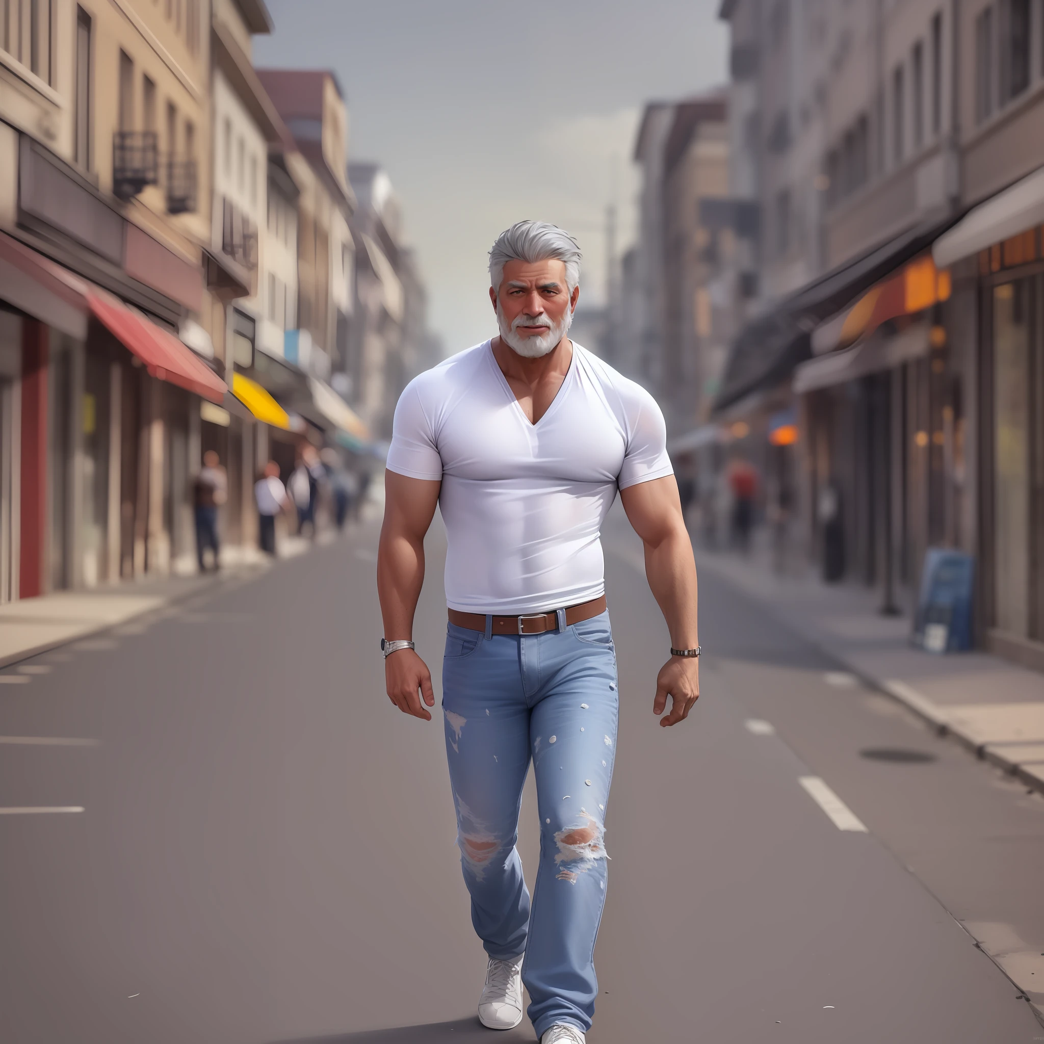 Arafed man walking down a street in a white shirt and jeans, ele tem cerca de 6 0 anos de idade, ele tem cerca de 60 anos, homem bonito, by Hristofor Žefarović, HGH, Directed by: Andrew Wroblewski, homem andando pela cidade, homem andando, ele tem cerca de 7 0 anos de idade