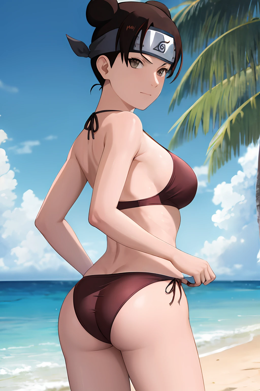 masterpiece, absurdres , (intricate details), (colorful),cinematic lighting,bust shot,extremely detailed CG unity 8k wallpaper, tenten\(shippuden\), 1girl, solo, ass, swimsuit, forehead protector,konohagakure symbol, headband,  from behind,,thong bikini,  looking back, looking at viewer,cloudy sky, palm tree, beach, ocean, sunlight, sand,