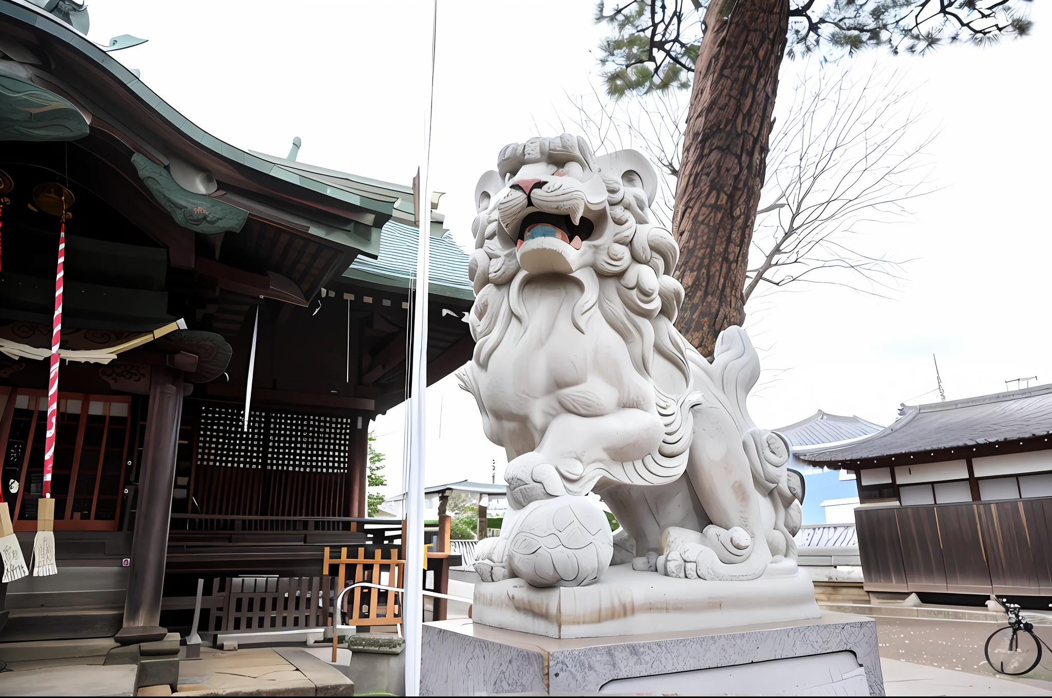 There is a statue of a lion on a pedestal in front of the building, animal - shaped statue, captured with sony a3 camera, taken with sony a7r camera, photo taken with sony a7r, taken with canon 8 0 d, near a japanese shrine, taken with a canon eos 5 d, taken with canon eos 5 d mark iv