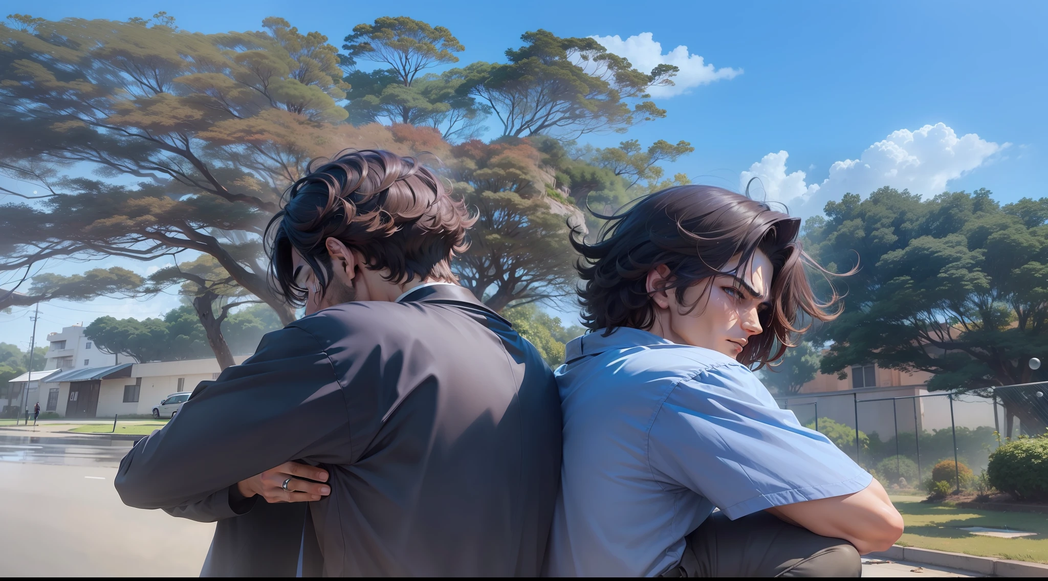 (2 personagens masculinos de anime tristes, 4k, 8k, Exciting background in the rain, personagem masculino, personagens masculinos, dois personagens adolescentes com , Two characters with medium hair, personagem da esquerda com cabelo ondulado, personagem da direita com cabelo cacheado.)