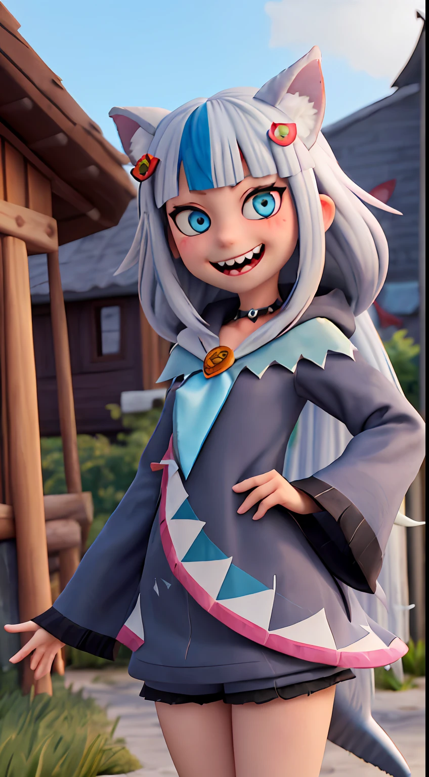 gawr gura . 1girl . animal hood . bangs . blue eyes . blue hair . blunt bangs . blush . clothes lift . collarbone . double v . fins . fish tail . grey hair . grin . hair ornament . heart . heart-shaped pupils . hood . lifted by self . long hair . long sleeves . looking at viewer . multicoloured hair . navel . no pants . . juice . shark girl . shark hair ornament . shark hood . shark tail . sharp teeth . smile . solo . streaked hair . symbol-shaped pupils . tail . teeth . two side up . uncensored . virtual youtuber . wide sleeves