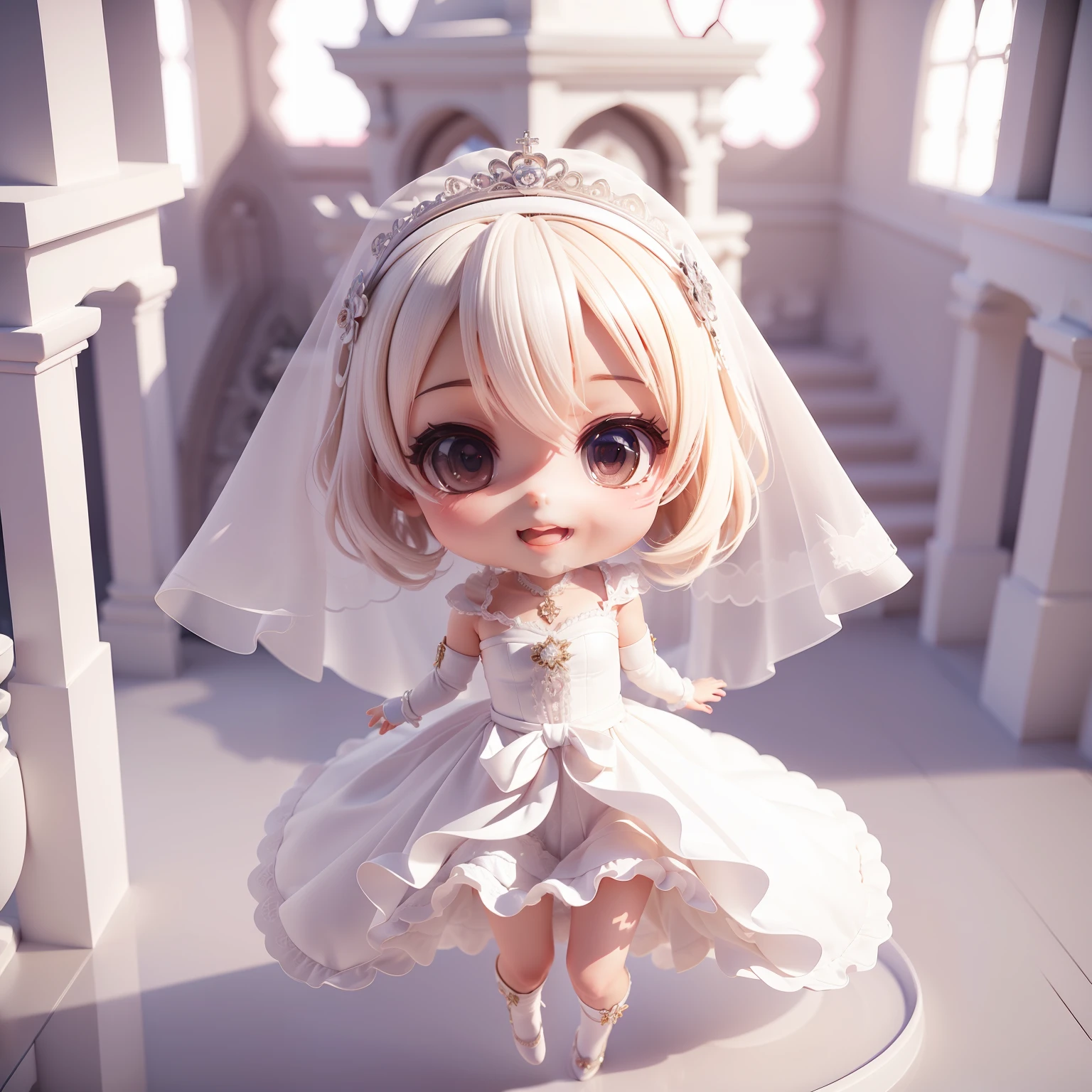"(((Chibi 3D))),Very cute and beautiful anime Pure White Wedding Dresses Style,Wearing a pure white veil👰,Detailed white church background, Full body, Jumping, Smiling and happy, Very eye contoured, Solo illustration. Chibi 3D"
