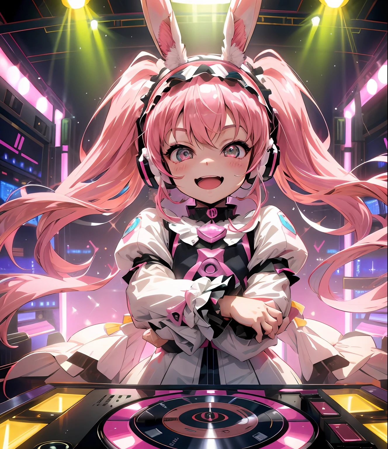 masutepiece、Ultra-high-definition digital art、(DJ)、girl with、brawn hair、twin-tail hair、Cute 、((Happy face))、Lolita Fashion、headphones、(DJ Booth)、Crystal clear skin、kawaii eyes、Rabbit ears headband、disco、mirror ball、turntable、Floor Audience、Twinkle、Big monitor in the back、perfect hand、intricate detailes、sharpnes、Live Performances