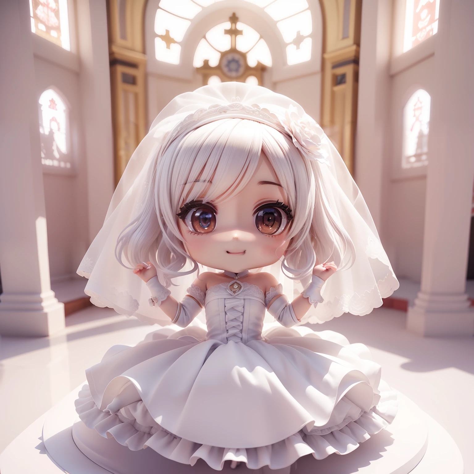 "(((Chibi 3D))),Very cute and beautiful anime　Pure White Wedding Dresses Style,Wearing a pure white veil👰,Detailed white church background, Full body, Jumping, Smiling and happy, Very eye contoured, Solo illustration. Chibi 3D"