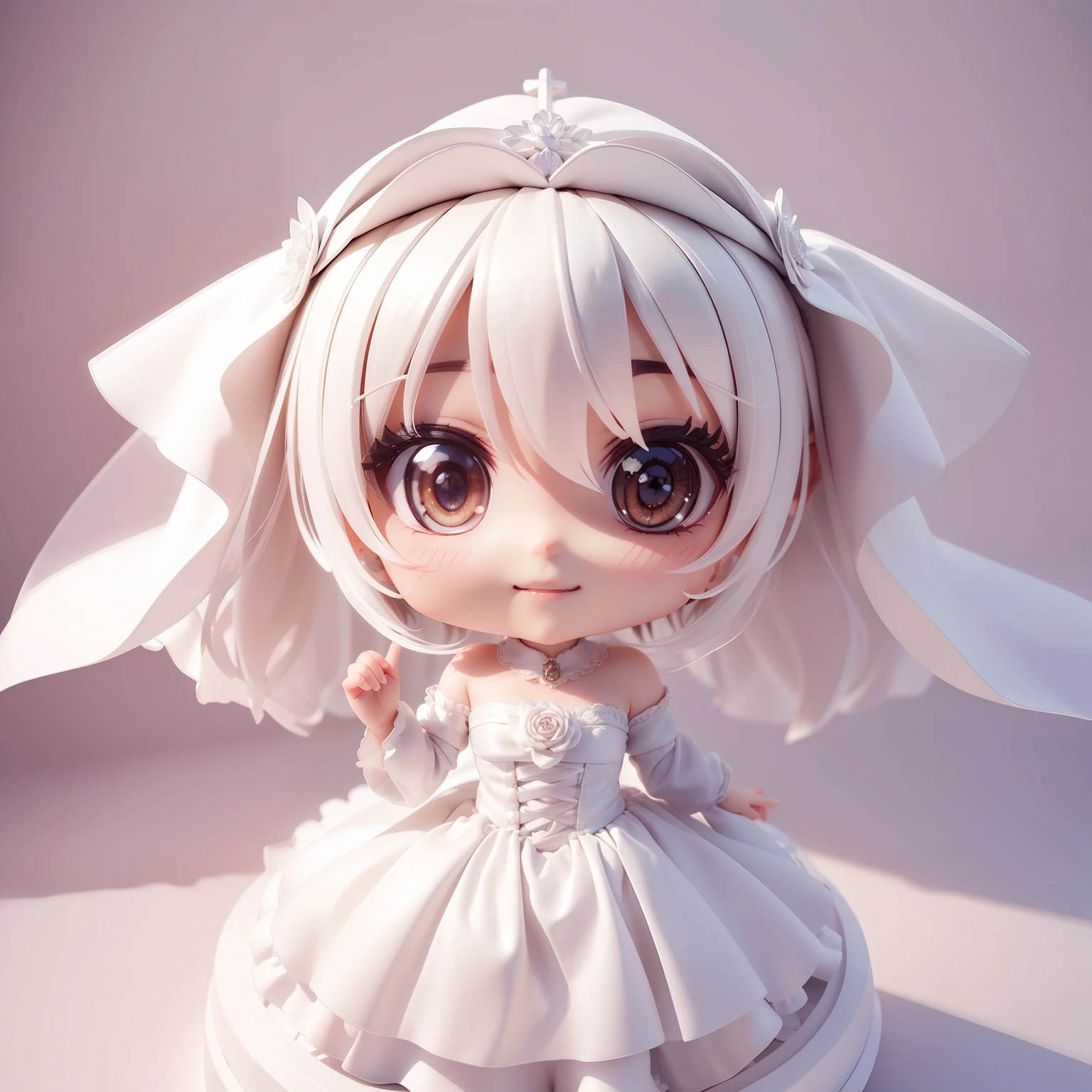 "(((Chibi 3D))),Very cute and beautiful anime Pure White Wedding Dresses Style,Wearing a pure white veil👰,Detailed white church background, Full body, Jumping, Smiling and happy, Very eye contoured, Solo illustration. Chibi 3D"