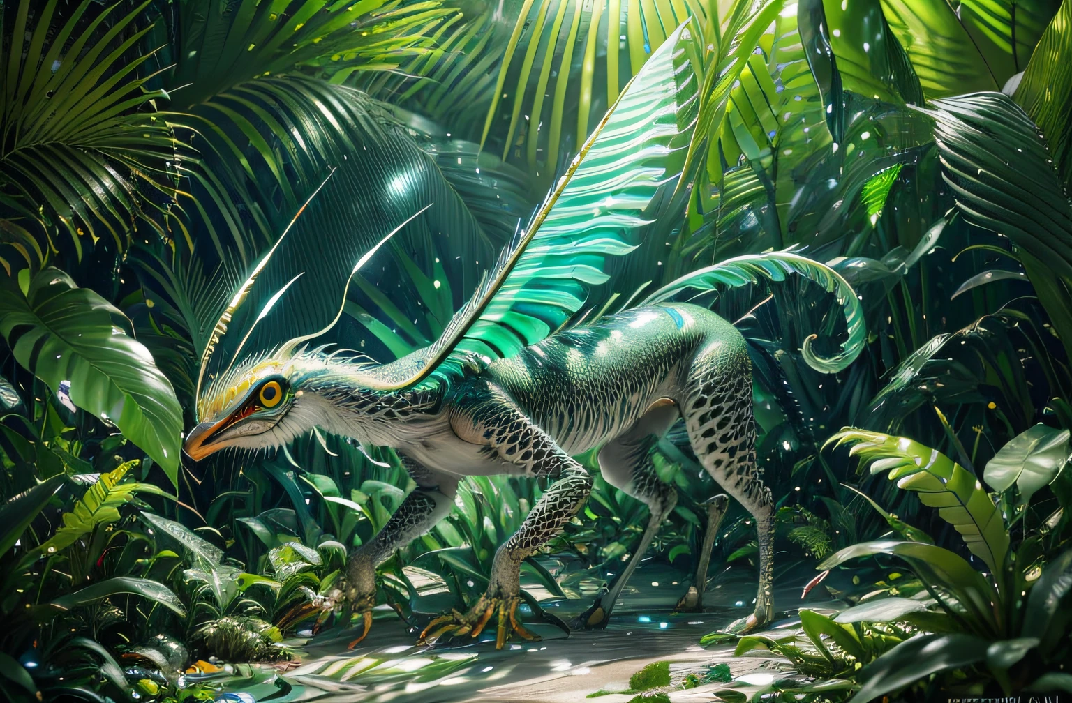 four-legged creature, predator creature with (long monkey tail), slim like  baboon and cheetah with green feathers and beak. predator creature like gepard with feathers ((four legs)) slender, long body with feathers, green gepard body with feathers, long legs creature with transparent and lighting body, walking on all six legs, (((cuttlefish head))), ((four eyes)),jellyfish transparent body, 4 leghs, in the jungle, jungle, rain forest, high image quality, realistic look, high-resolution photography, 8K, full-frame matrix, deep shadows, ((one character)), (intricate details, subsurface scattering, hyperdetailed:1.15), (hyperrealism, volumetric lighting, sharp:1.5) Fujifilm XT3