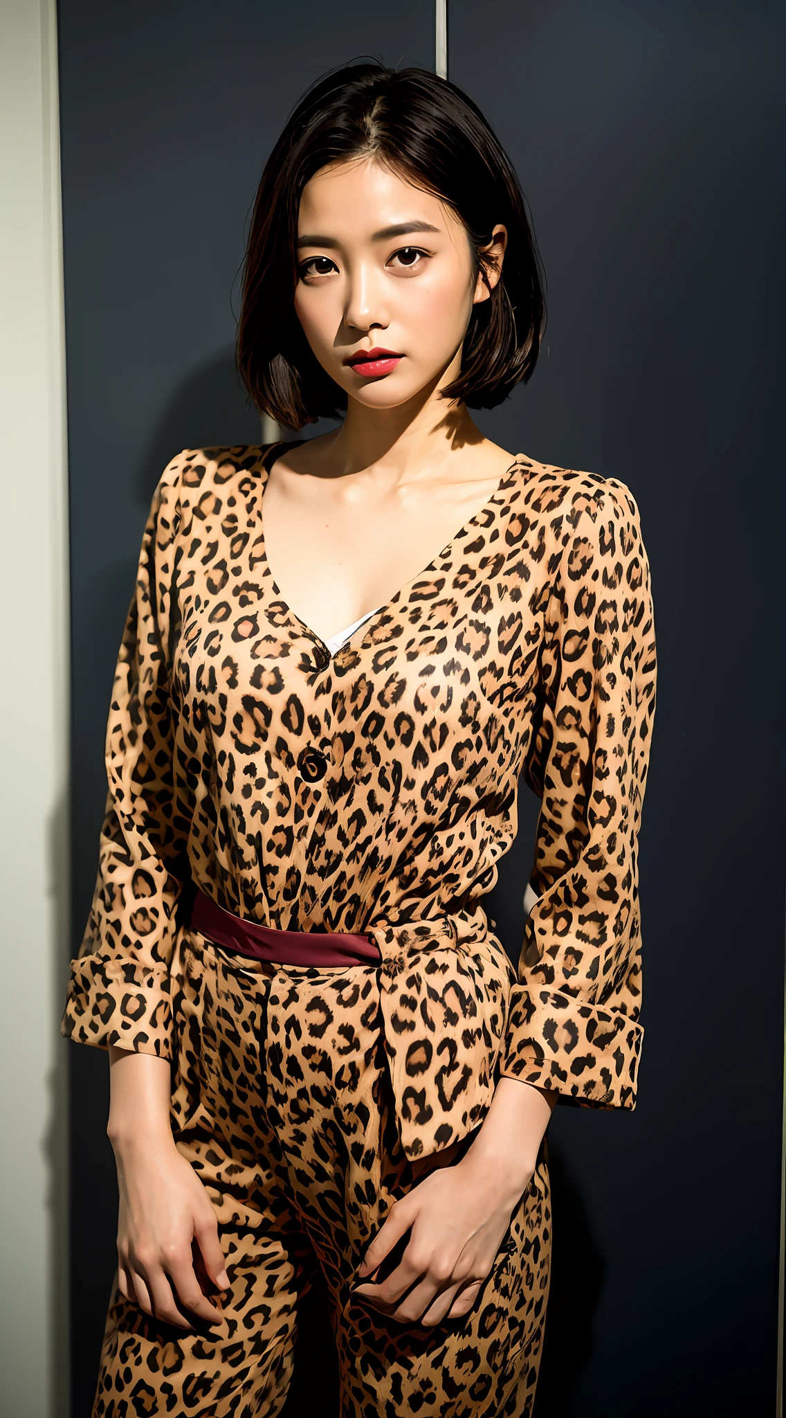 (4K、top-quality)、(realisitic、Photorealsitic)、(Yakian)、
1girl in、独奏、The upper part of the body、(face to the viewer)、
perfect hand、looking_at_viewer、
Leopard print clothes、Leopard print trousers、