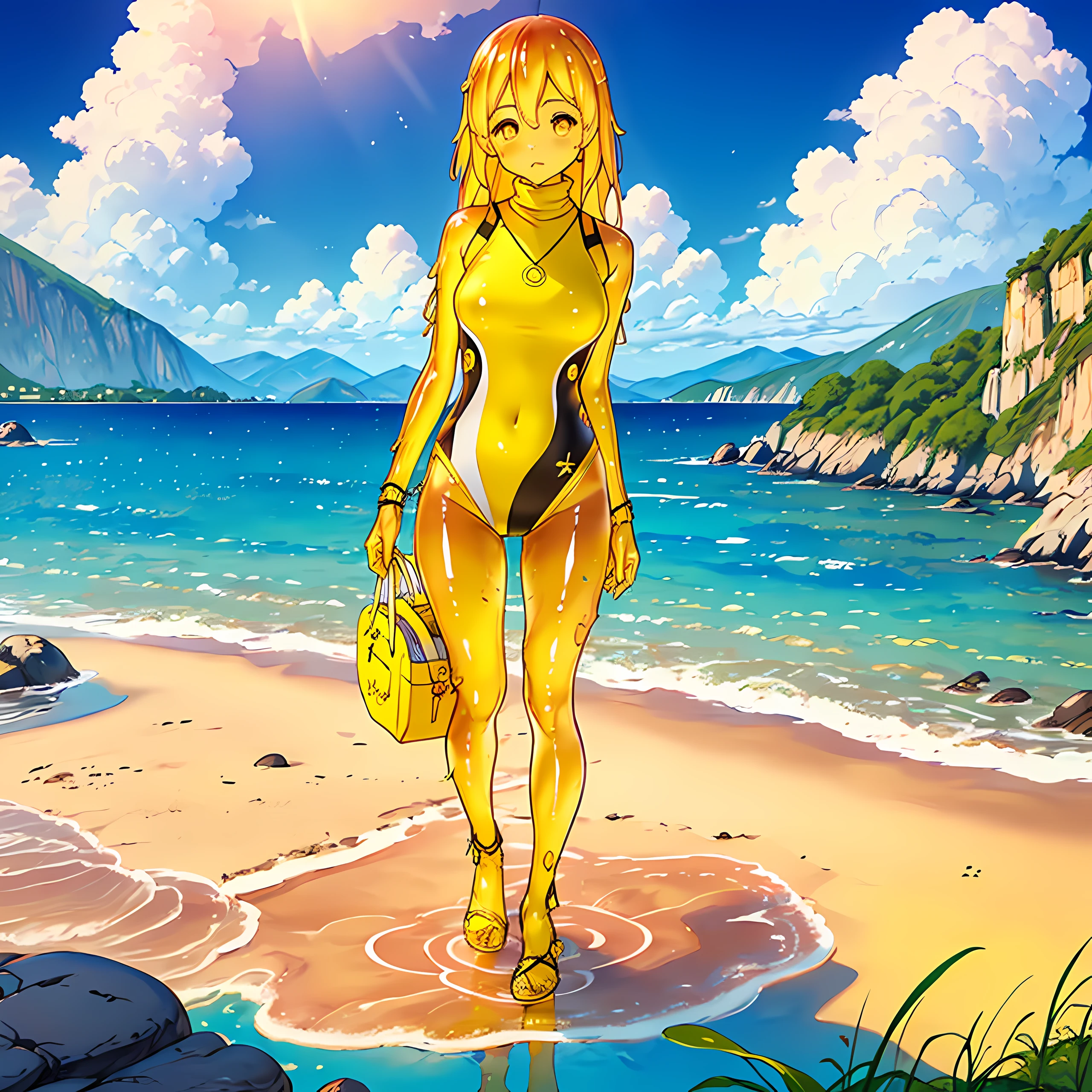 1 girl in, excited expression, ojos morados fascinantes, Cabello largo, ((cabello rosado)), (((Yellow turtleneck swimsuit))), (((sentada en una roca con las piernas cruzadas))),postura serena, piel de porcelana, rubor sutil, (edge lighting): 1.2, warm tones, resplandor solar, sombras suaves, colores vibrantes, Pictorial effect, Dreamy atmosphere BREAK scenic lake, Distant mountains, salsa, aguas tranquilas, reflejo, nubes iluminadas por el sol, ambiente tranquilo, Idyllic sunset, ultra detallado, arte oficial, fondo de pantalla de unidad 8k, Zentangle, mandala,sin mangas,pierzas cruzadas