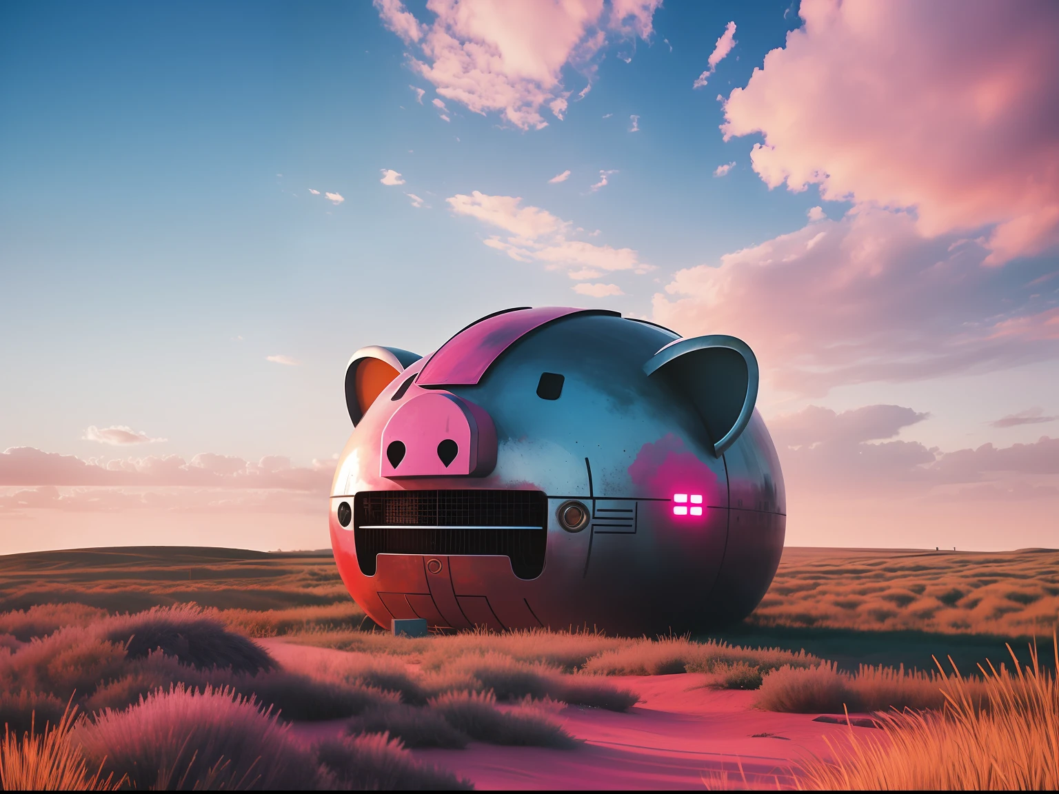Huge artwork sitting in the middle of the field, Inside the head of a mechanical pig, pink clouds background, Metal pig ears and glowing eyes, giant crypto vault, Promotional image, Trance, Bank, standing in wasteland, Katz,