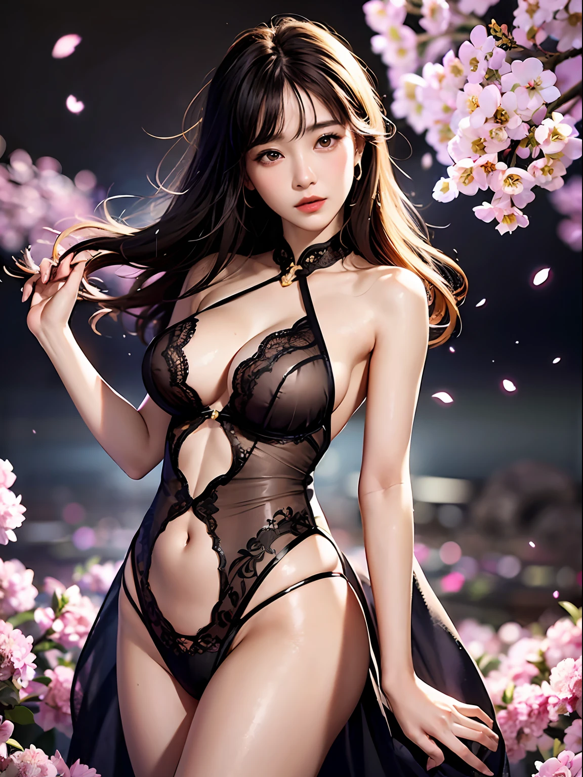 loose outfit、Show shoulders、Dark colored cheongsam、How to wear a black cheongsam、Decorated with intricate patterns and bright colors、Transparent material that makes the skin shine、Artistic depiction of seductive woman in gown with wet thin cloth and transparent skin, Floral and fantastic pattern with flowing silky traditional see-through skin。Her dress draped elegantly around her curvaceous figure、Emphasizes her charming silhouette。She's a gentle fireworks night、Dynamic Posing、Sexy Posing、bathed in the soft glow of moonlight。The scene is、With a hint of mystery and sensuality、It exudes an ethereal dreamy atmosphere。The image style is、Incorporates a blend of watercolor and digital illustration techniques.、It makes you feel delicate beauty and charm。Soft moonlit lighting、Cast gentle highlights and shadows on her mesmerizing features。Dynamic Posing、Bold poses、The hand is somewhere、see -through、show through、A sexy、Wet hair、Wet、(cherry trees、flower petals、cherryblossom、The cherry tree、Sakura Snowstorm 1.5)、buried、Transparent skin、Wet clothes、(Chest 1.2)、Navel Ejection、Swaying in the wind、Burgundy、pale red、(Slouch 1.5)、Lace colors、lace choker、a choker、Lie on your back on the surface of the water、New lining、Stall heavily in the wind、Large stall、Flapping stalls、Spread hair、