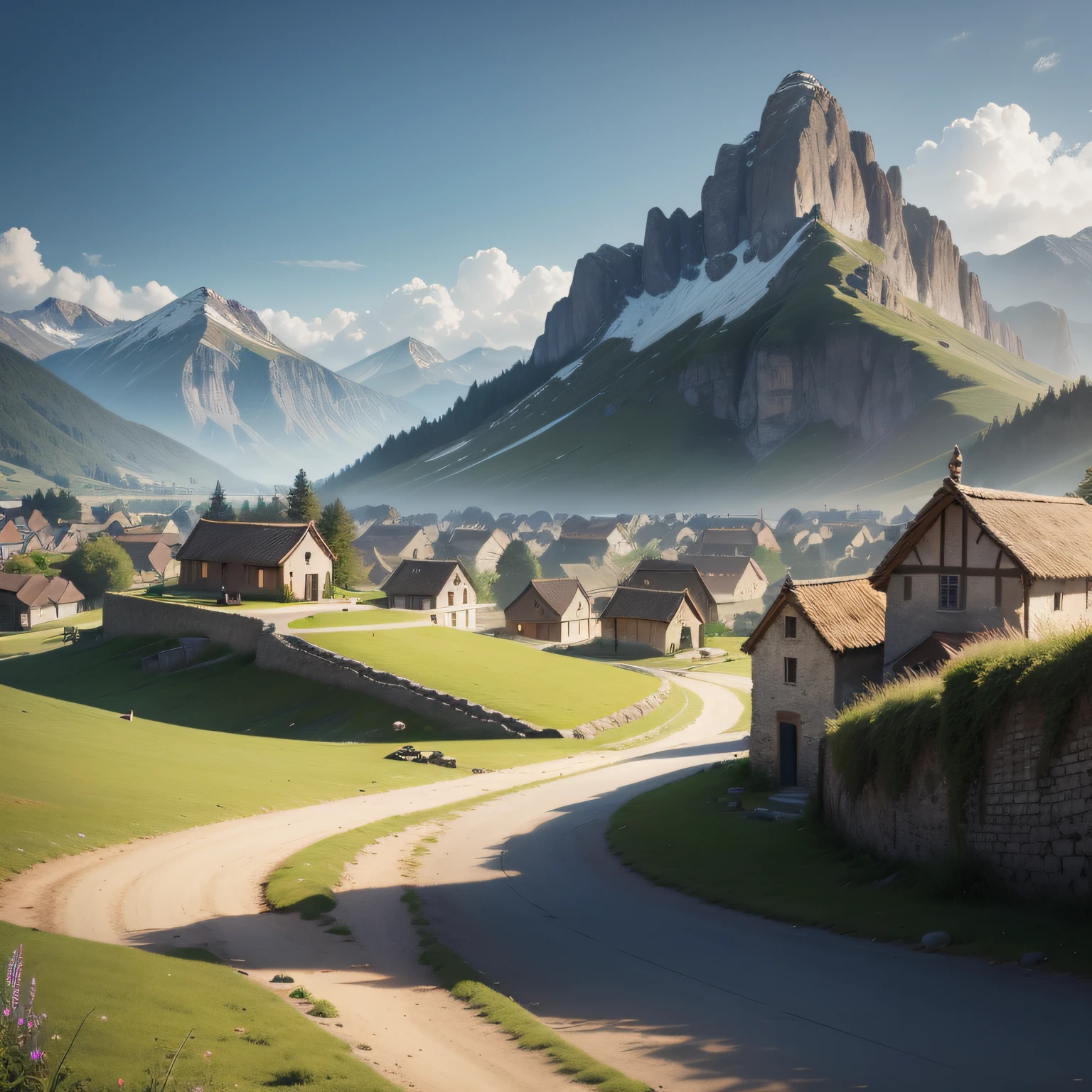 Create images of a small village at the foot of the mountain from ancient times