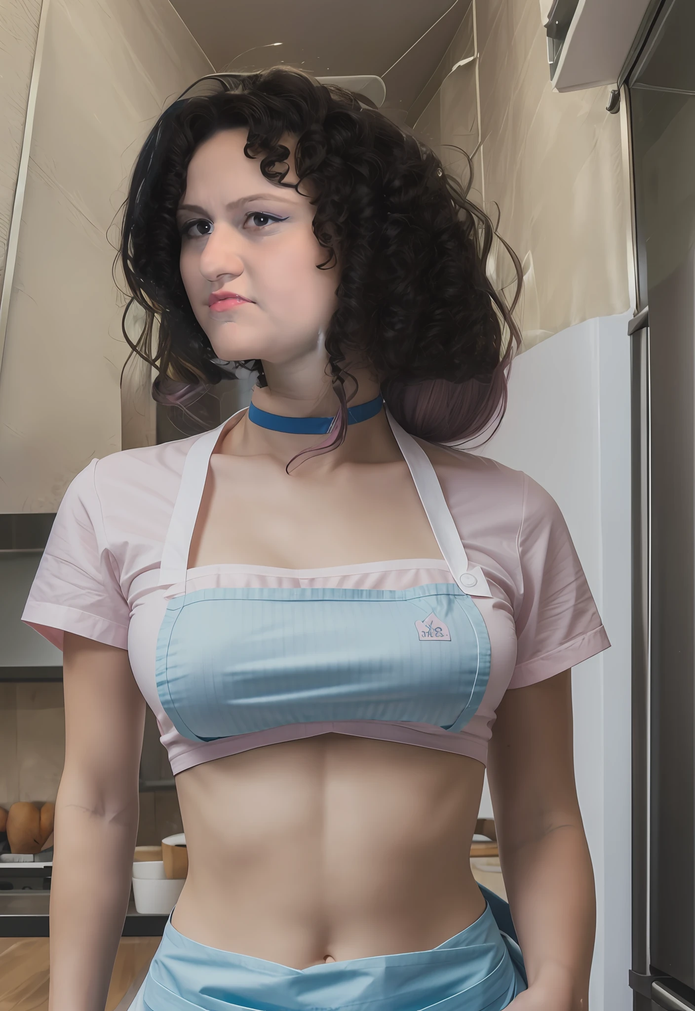 best quality, 1girl, adult, medium breasts, pink hair, medium hair, ponytail, green eyes, waitress, white shirt, blue skirt, blue ribbon, white apron, waist_apron, short_sleeves